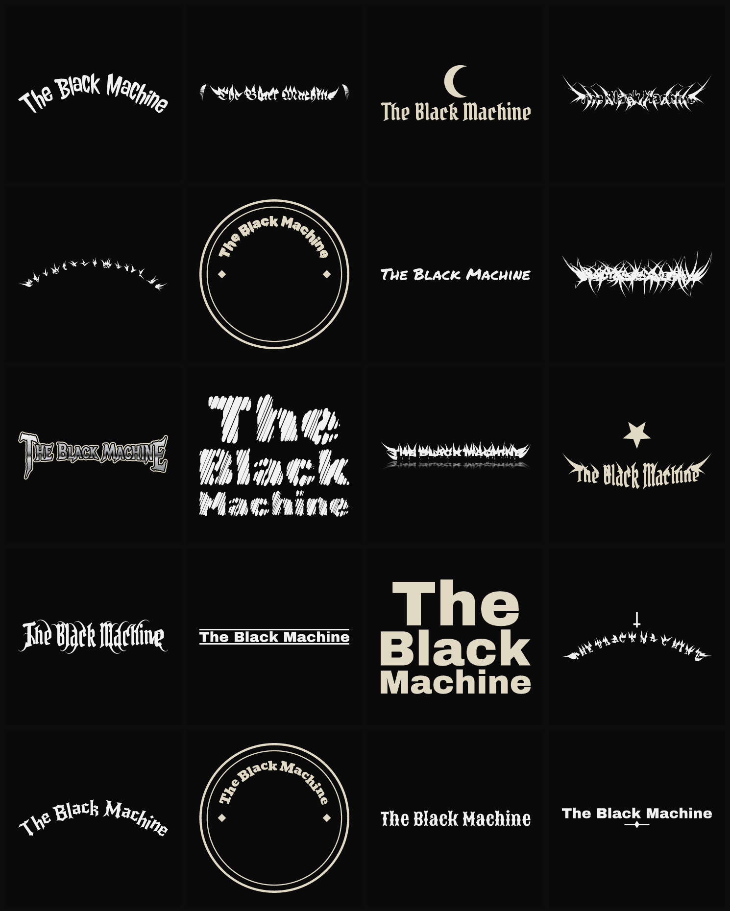 Twenty The Black Machine band logo ideas — different faces, treatments and spike settings
