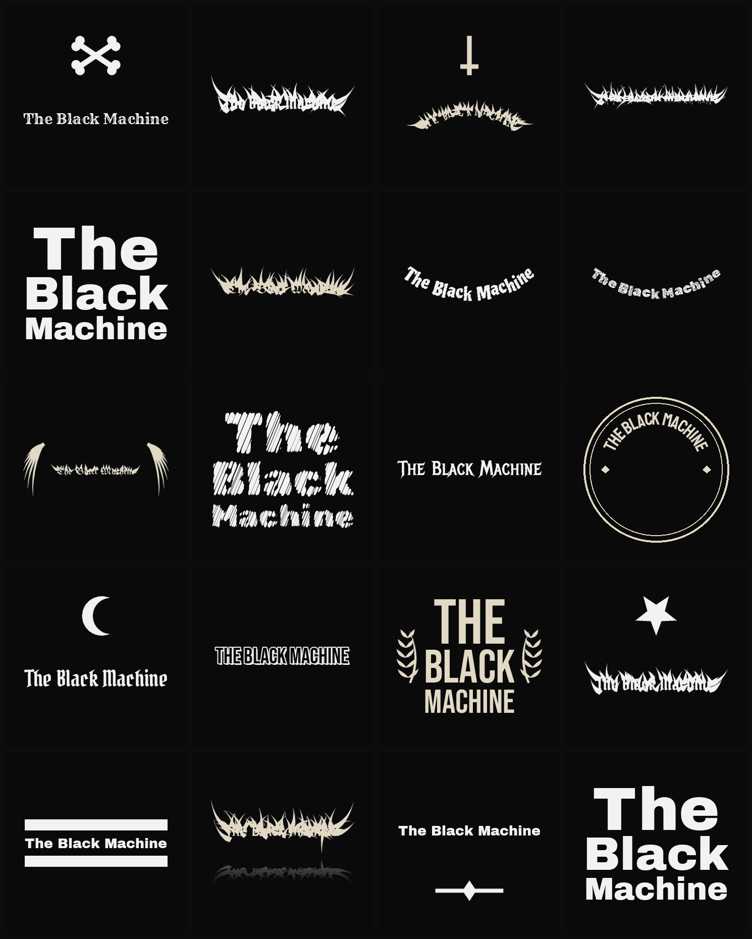 Twenty The Black Machine band logo ideas — different faces, treatments and spike settings