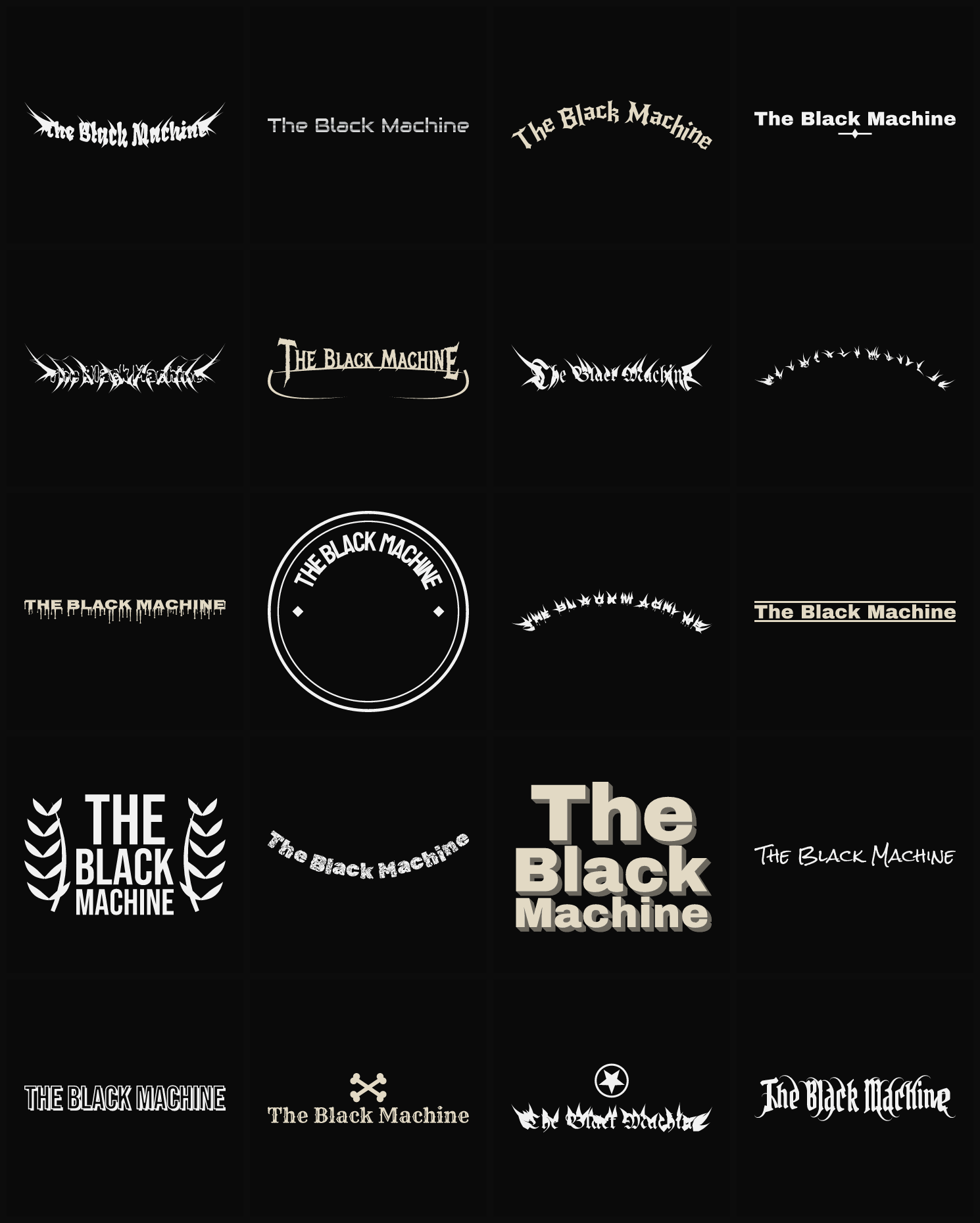 Twenty The Black Machine band logo ideas — different faces, treatments and spike settings
