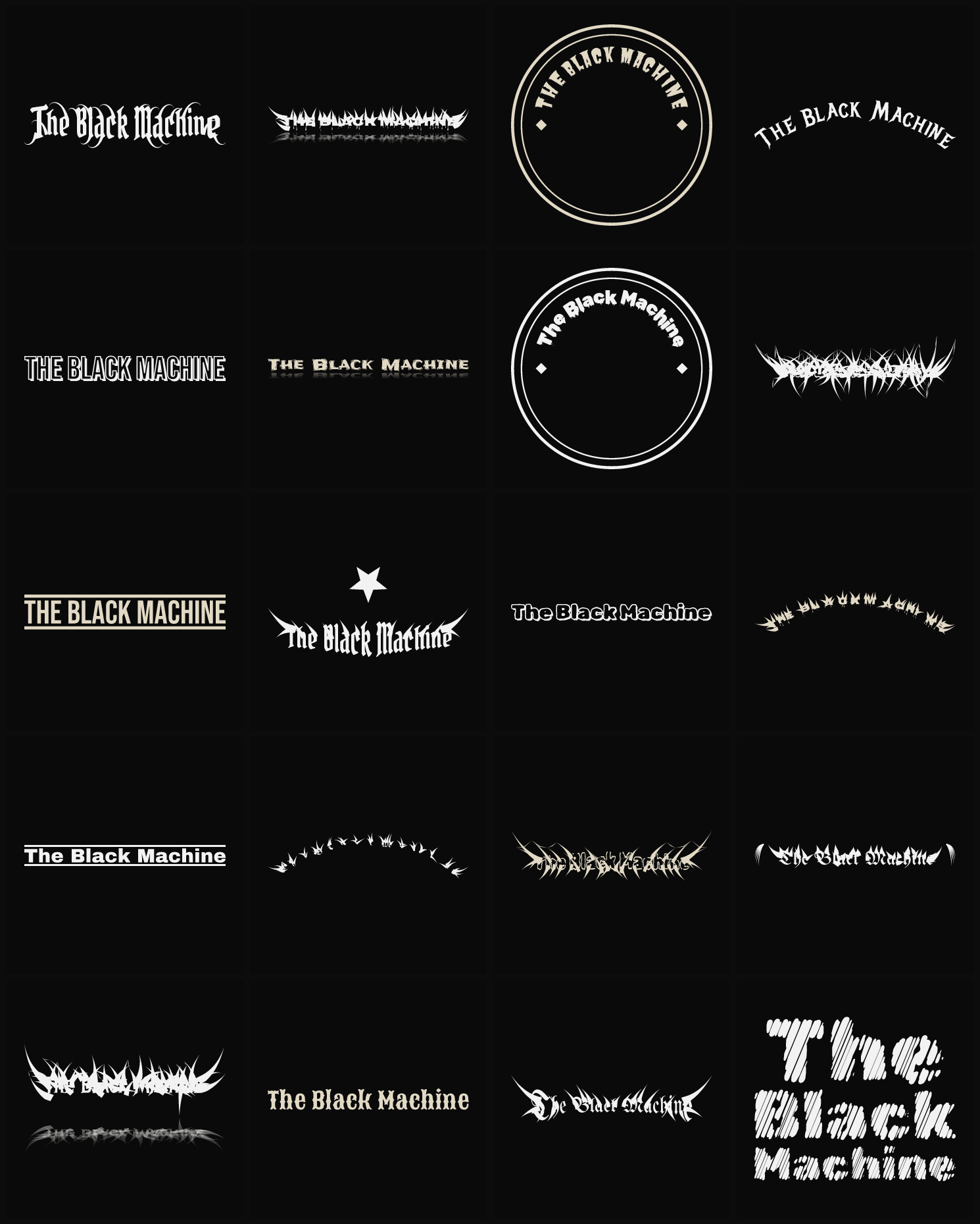 Twenty The Black Machine band logo ideas — different faces, treatments and spike settings