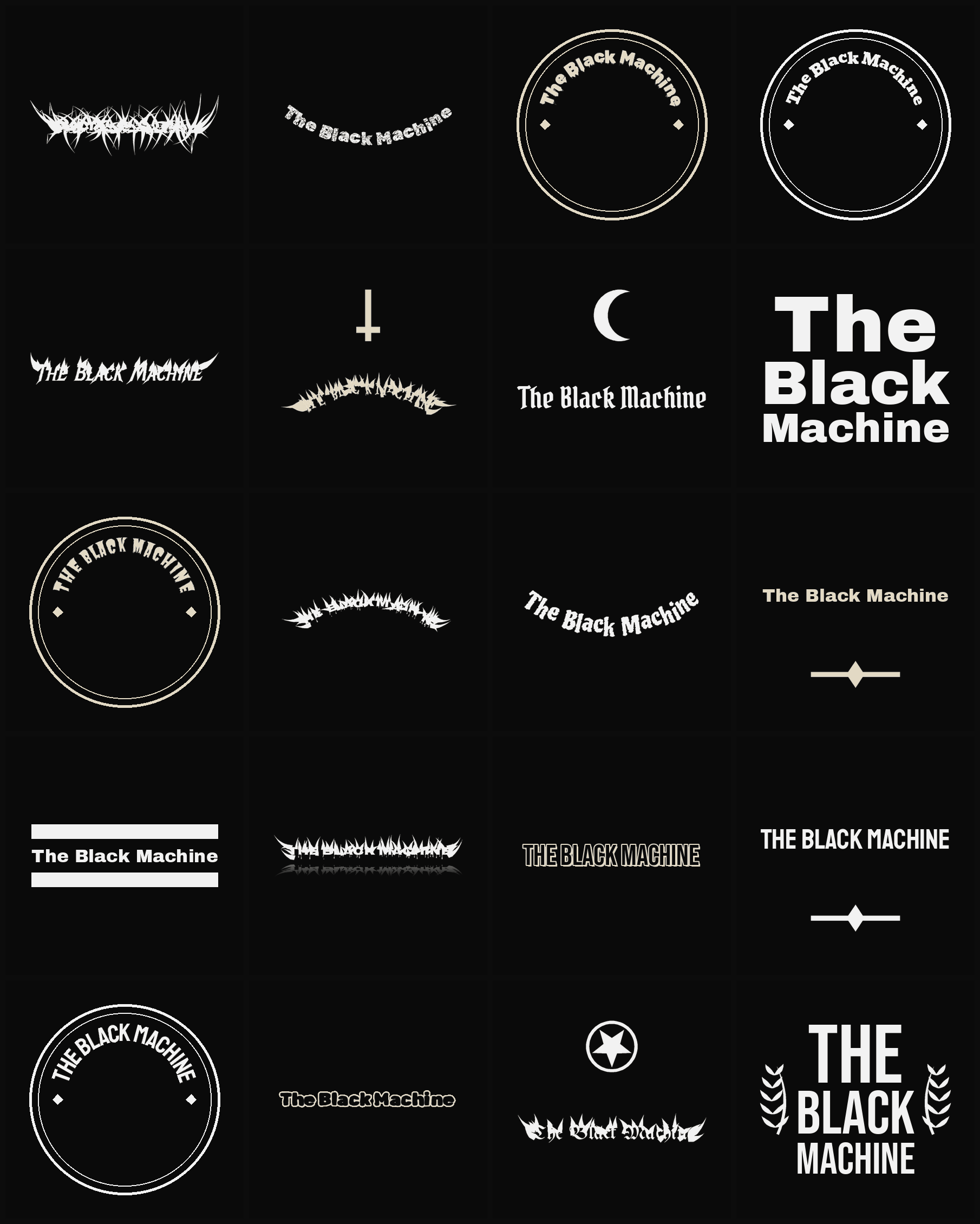 Twenty The Black Machine band logo ideas — different faces, treatments and spike settings