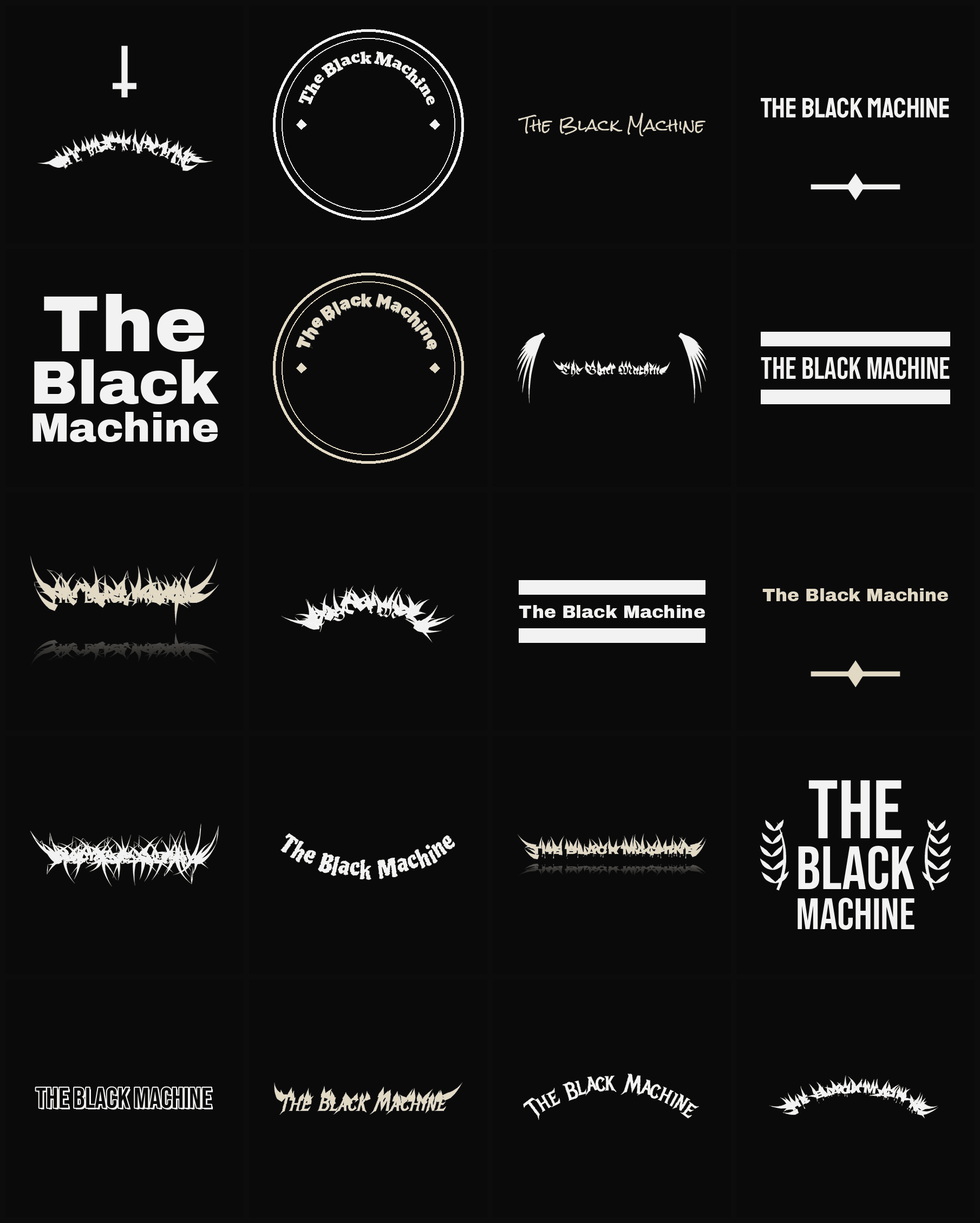 Twenty The Black Machine band logo ideas — different faces, treatments and spike settings