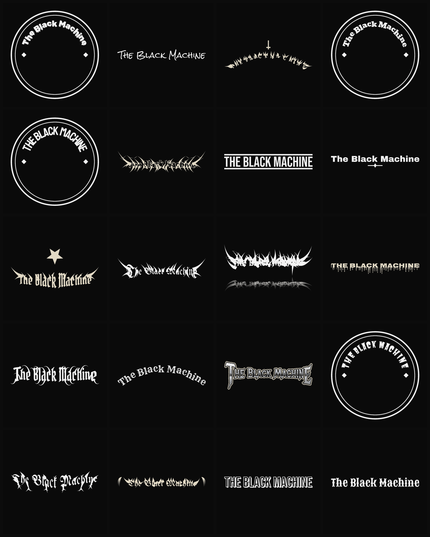 Twenty The Black Machine band logo ideas — different faces, treatments and spike settings