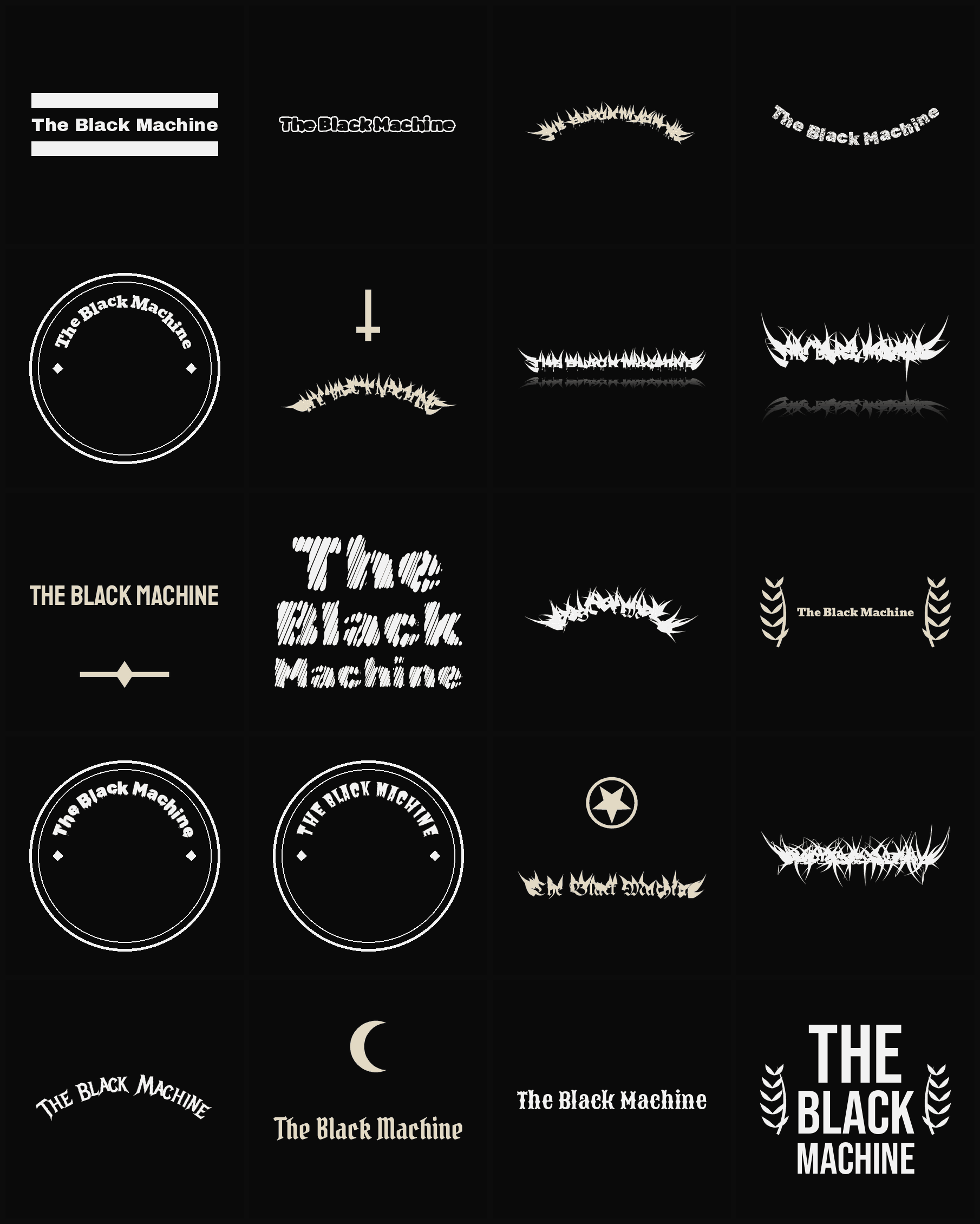 Twenty The Black Machine band logo ideas — different faces, treatments and spike settings