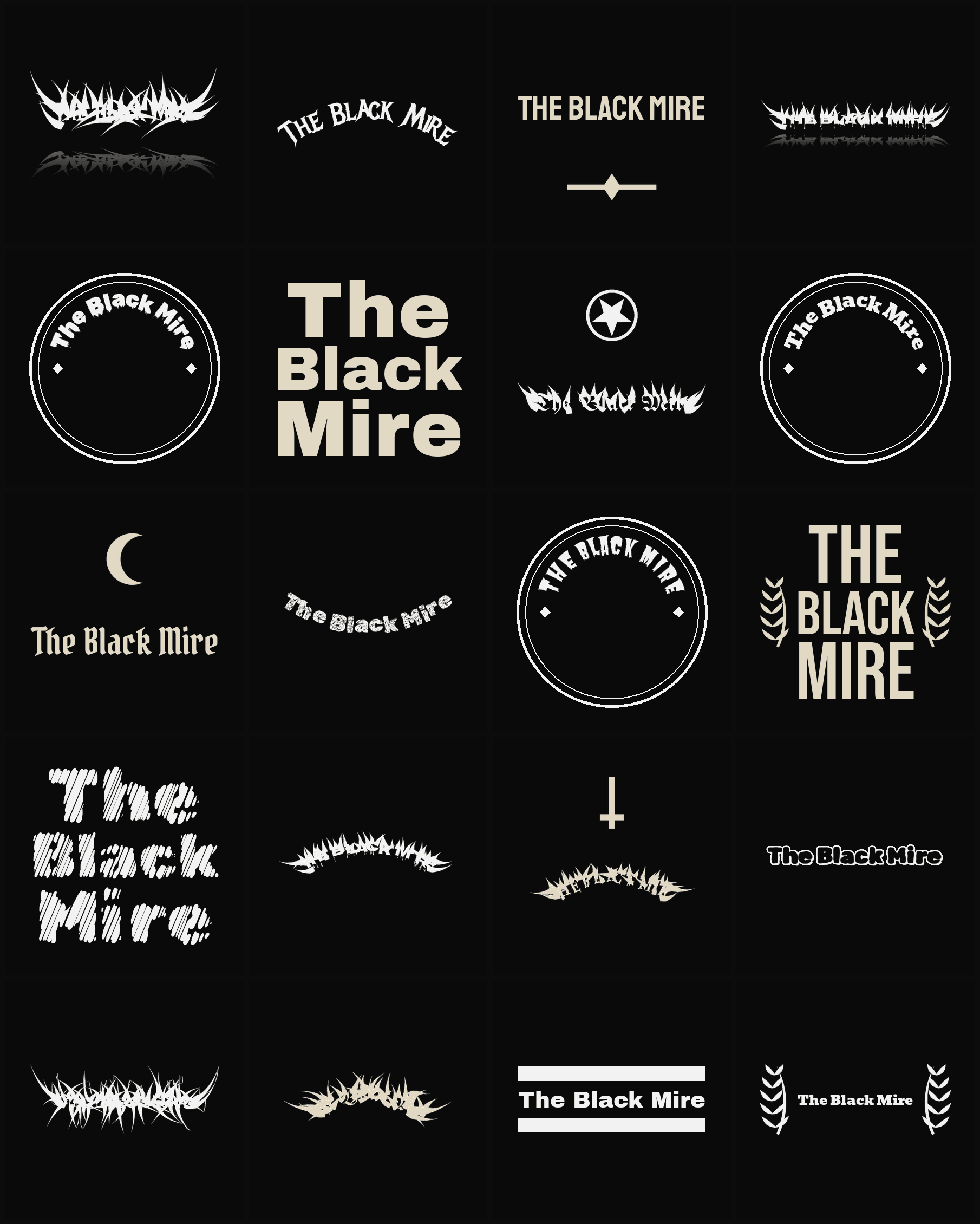 Twenty The Black Mire band logo ideas — different faces, treatments and spike settings