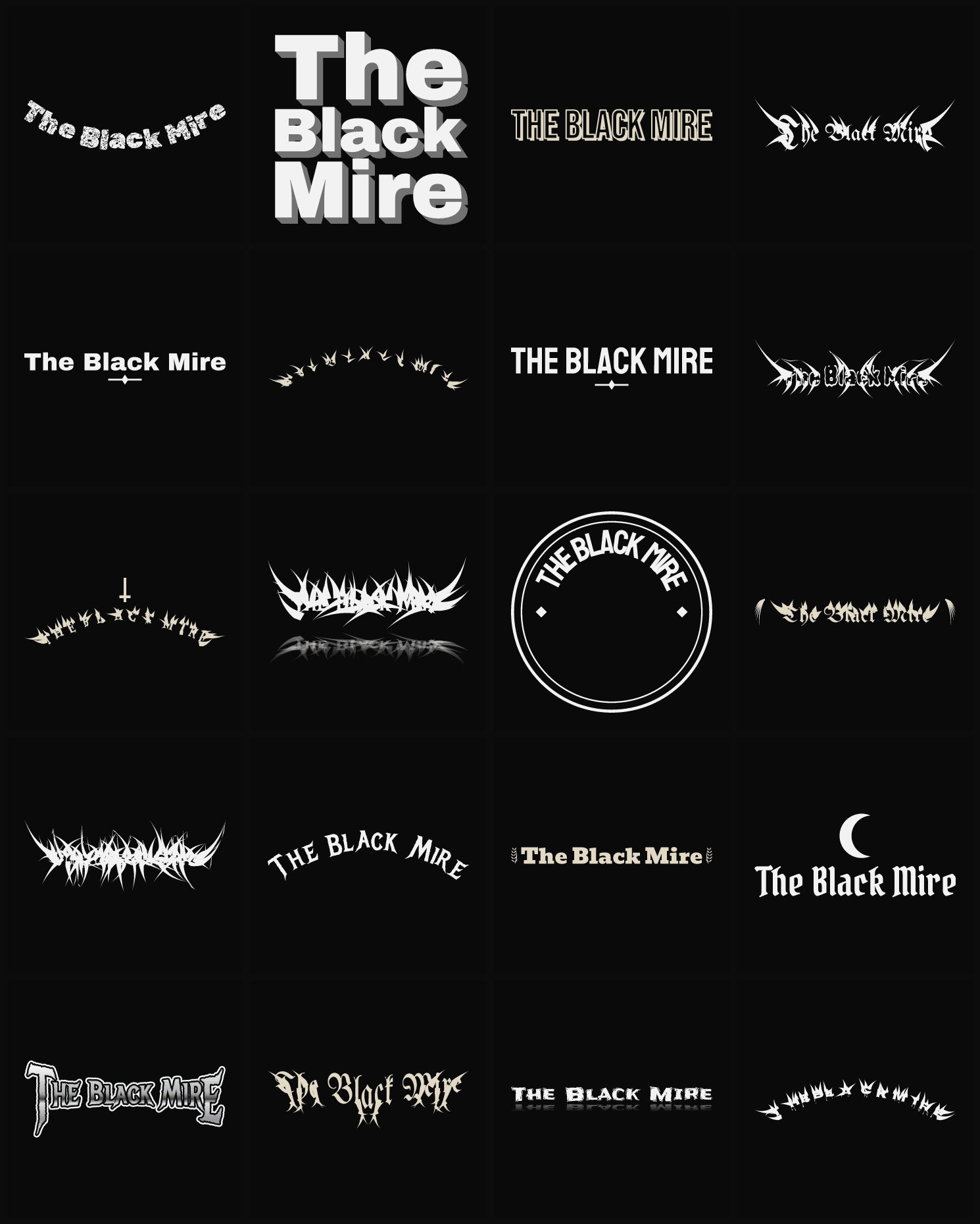 Twenty The Black Mire band logo ideas — different faces, treatments and spike settings