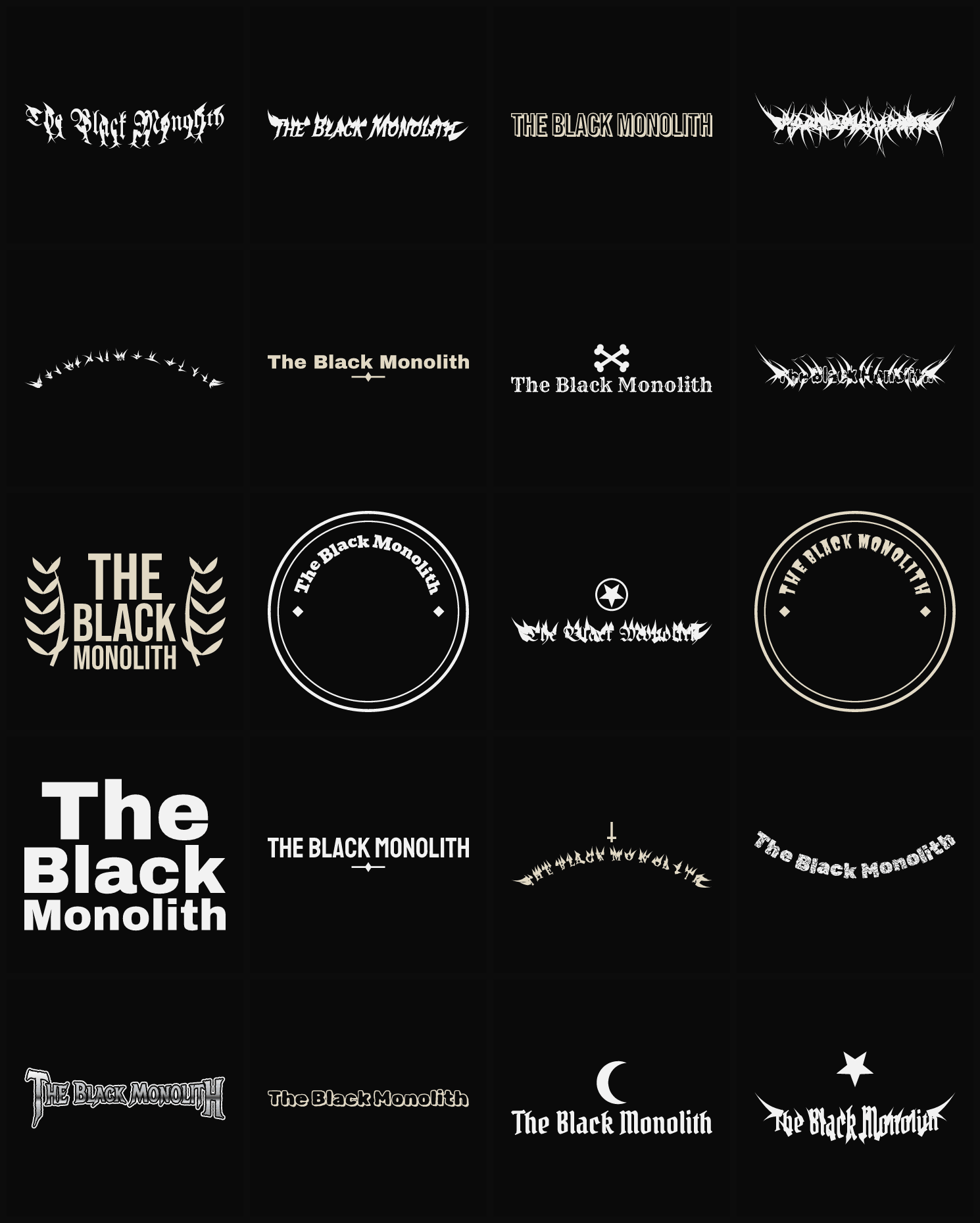 Twenty The Black Monolith band logo ideas — different faces, treatments and spike settings