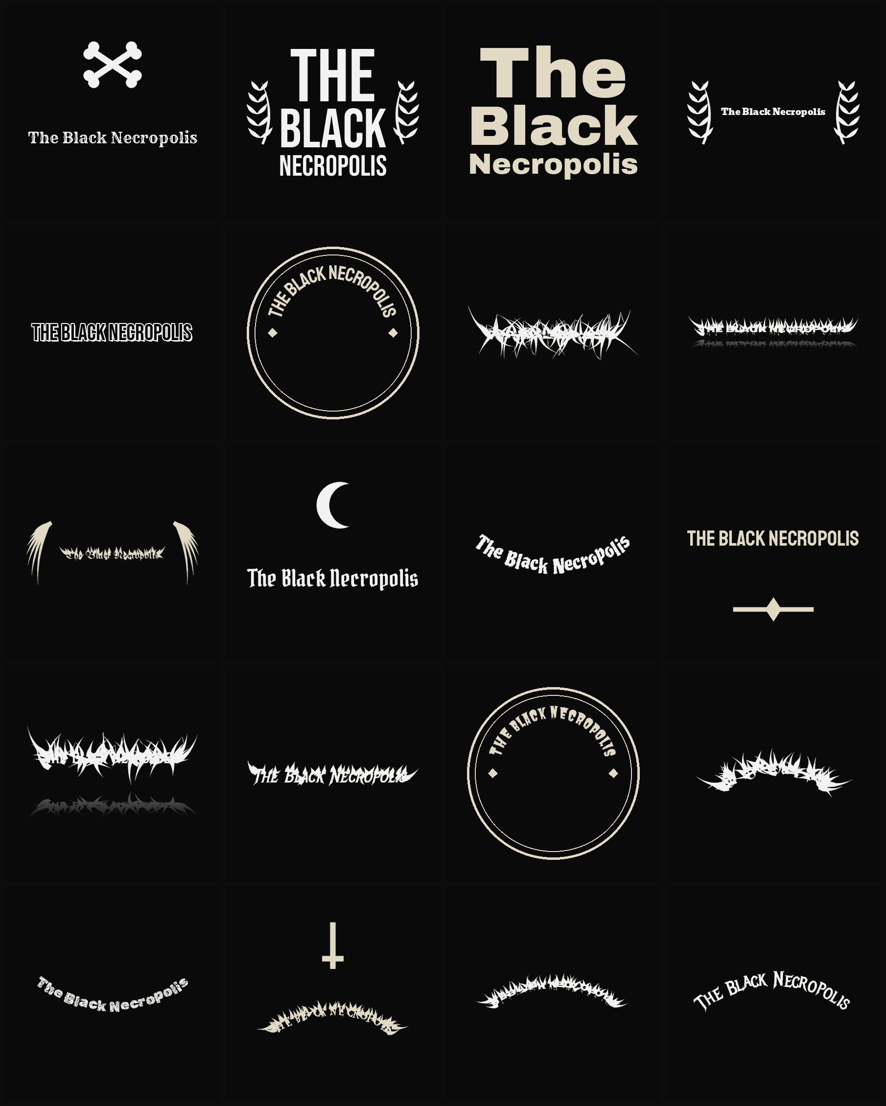 Twenty The Black Necropolis band logo ideas — different faces, treatments and spike settings