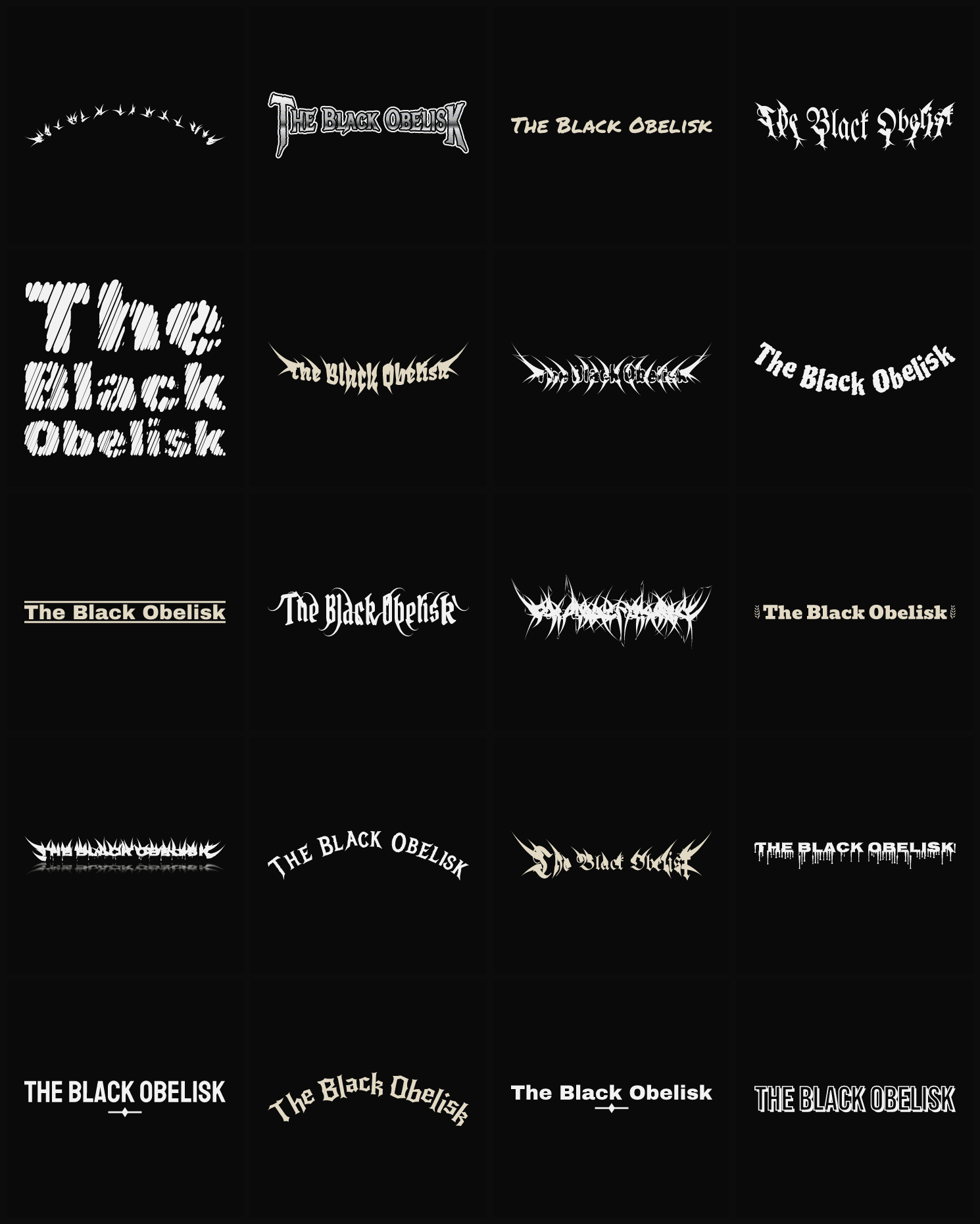 Twenty The Black Obelisk band logo ideas — different faces, treatments and spike settings