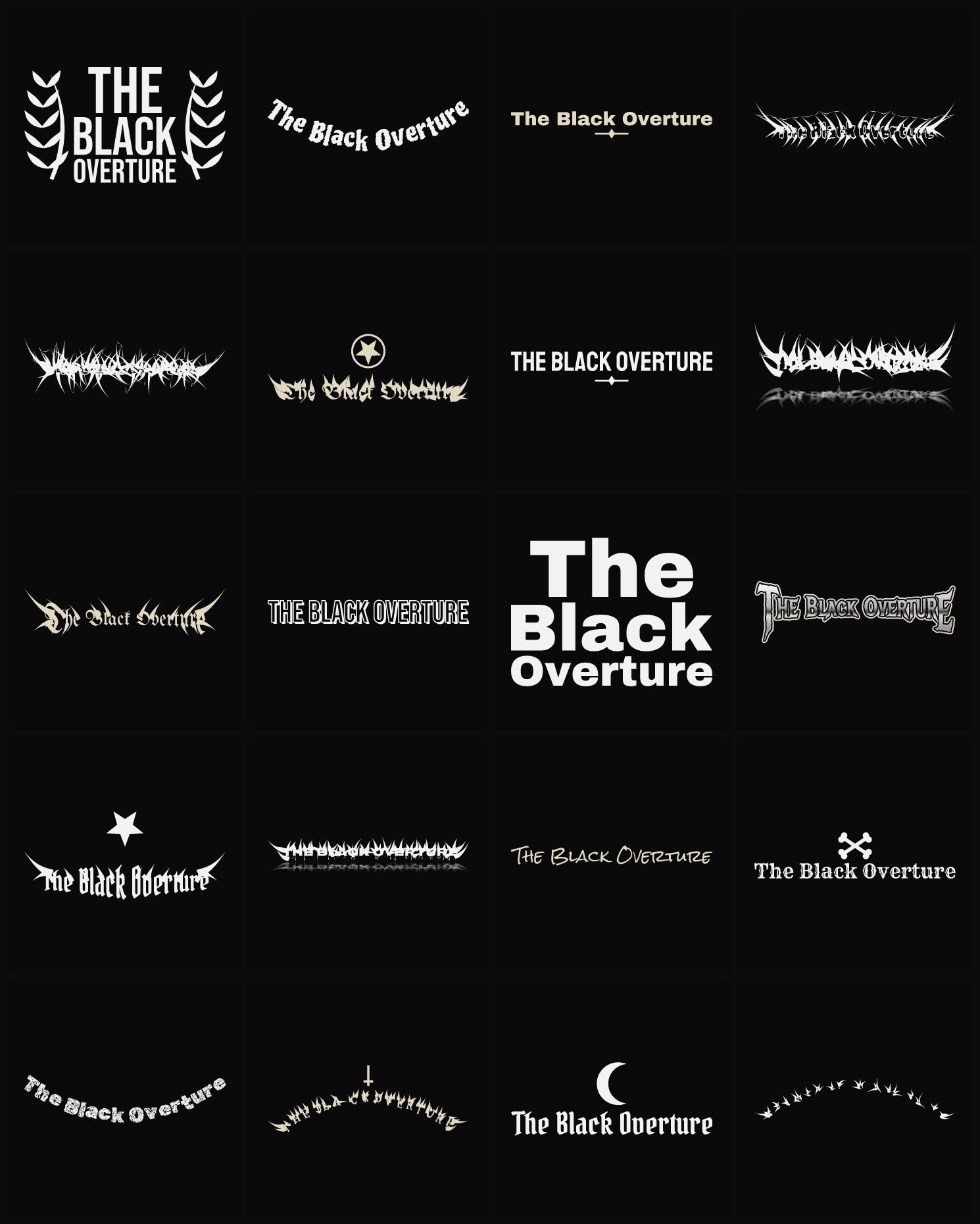 Twenty The Black Overture band logo ideas — different faces, treatments and spike settings