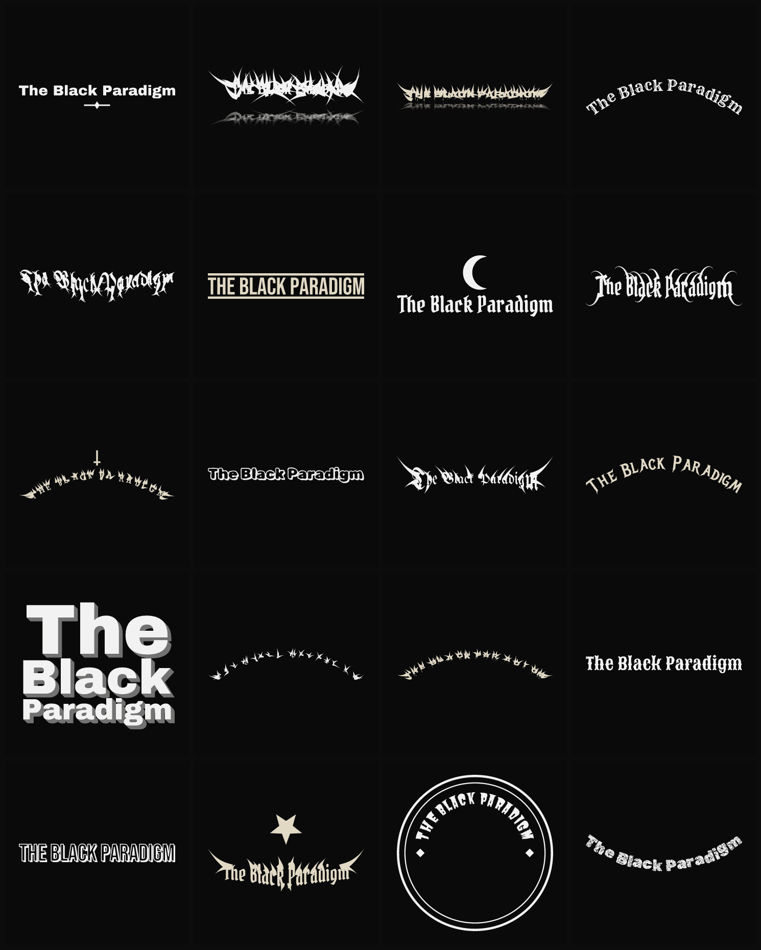 Twenty The Black Paradigm band logo ideas — different faces, treatments and spike settings