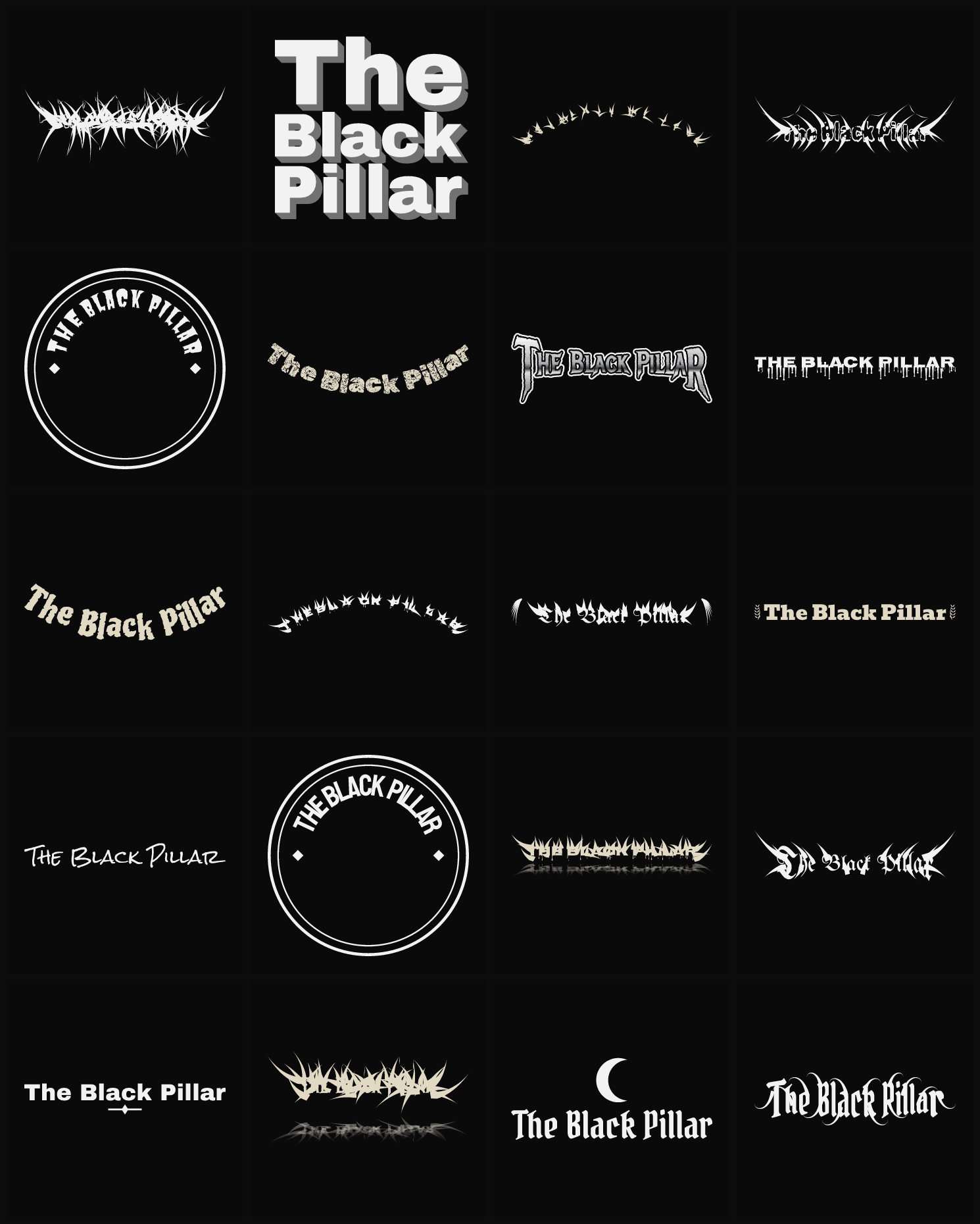 Twenty The Black Pillar band logo ideas — different faces, treatments and spike settings