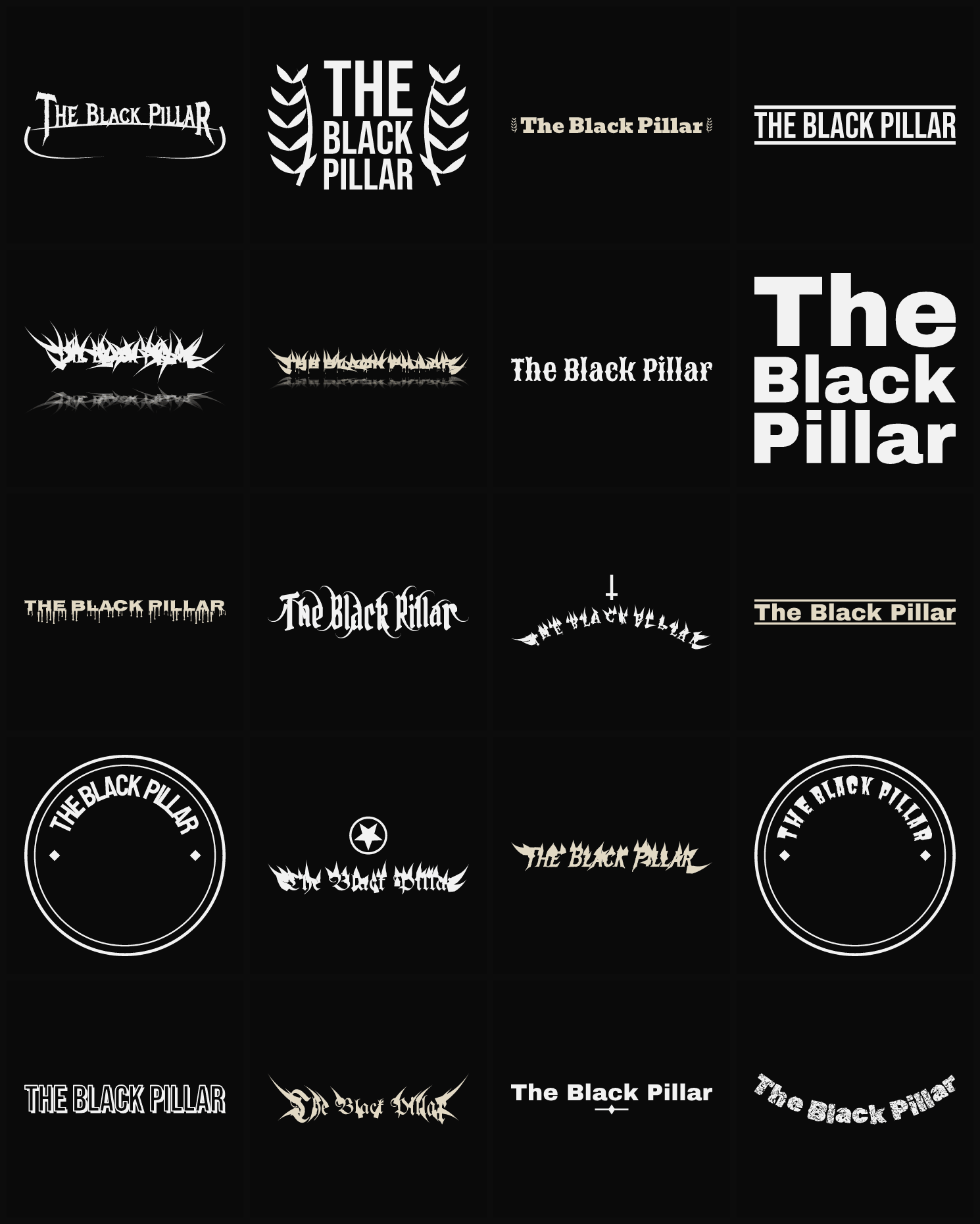 Twenty The Black Pillar band logo ideas — different faces, treatments and spike settings