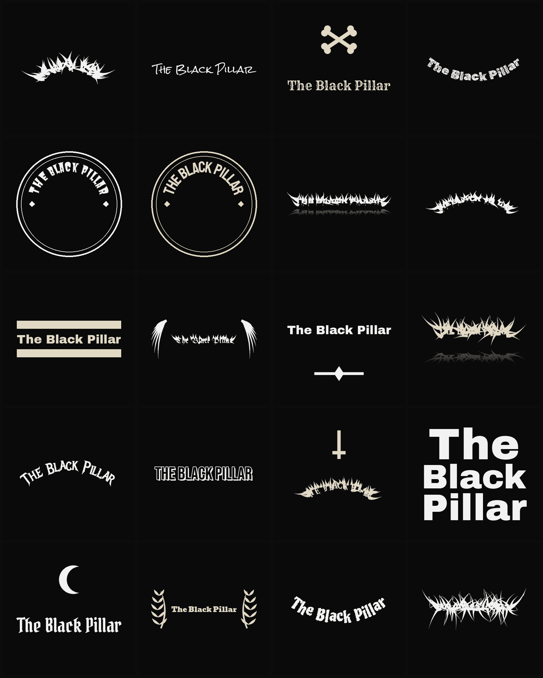 Twenty The Black Pillar band logo ideas — different faces, treatments and spike settings