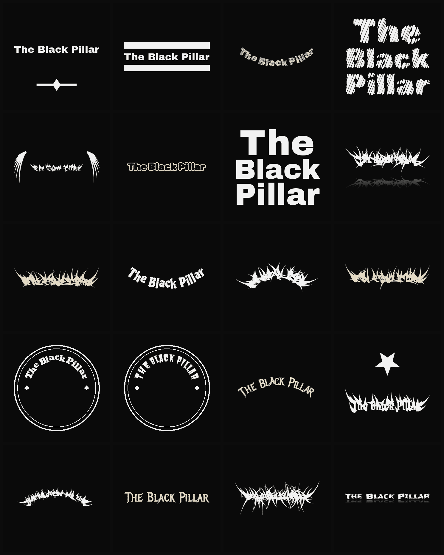 Twenty The Black Pillar band logo ideas — different faces, treatments and spike settings