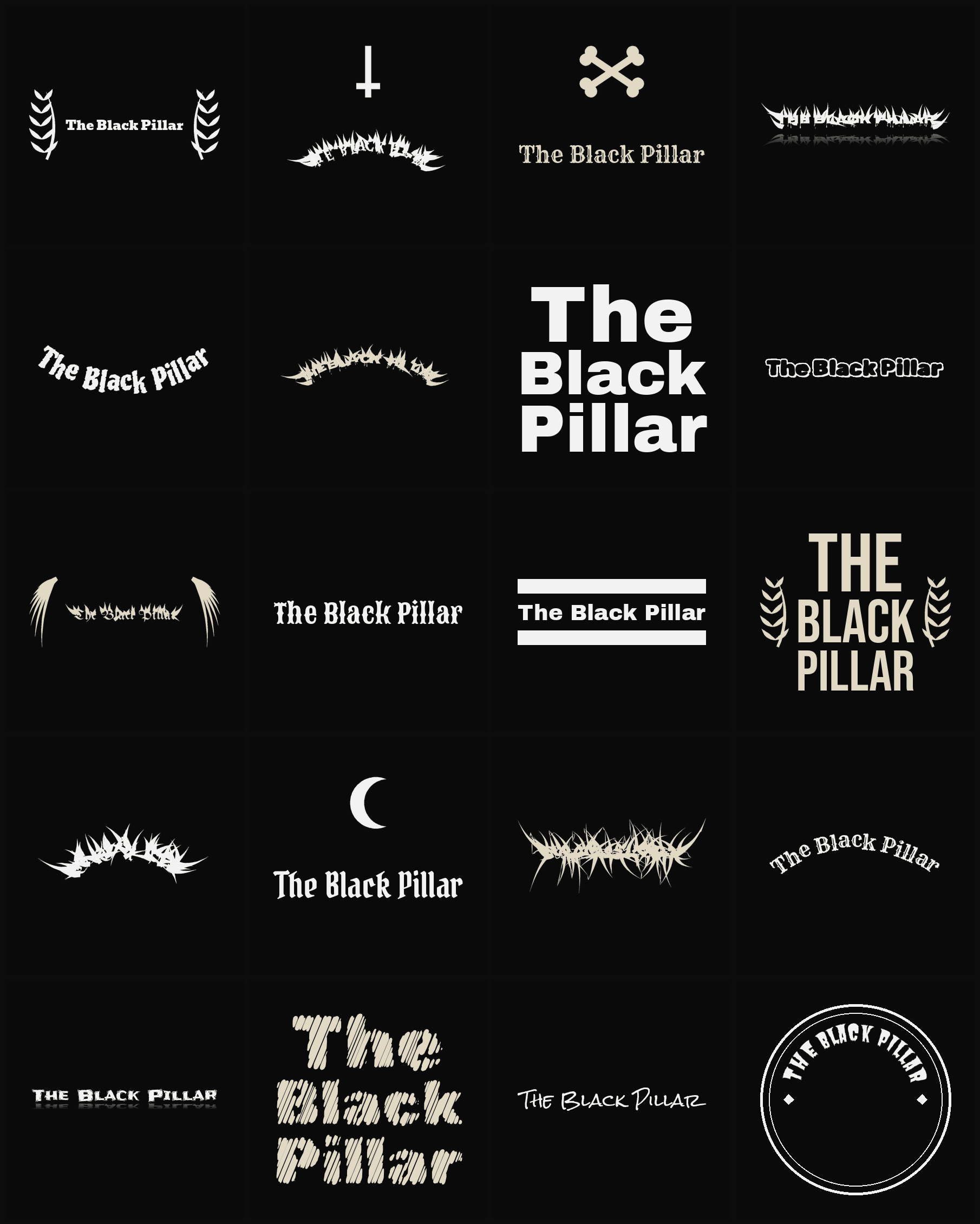 Twenty The Black Pillar band logo ideas — different faces, treatments and spike settings