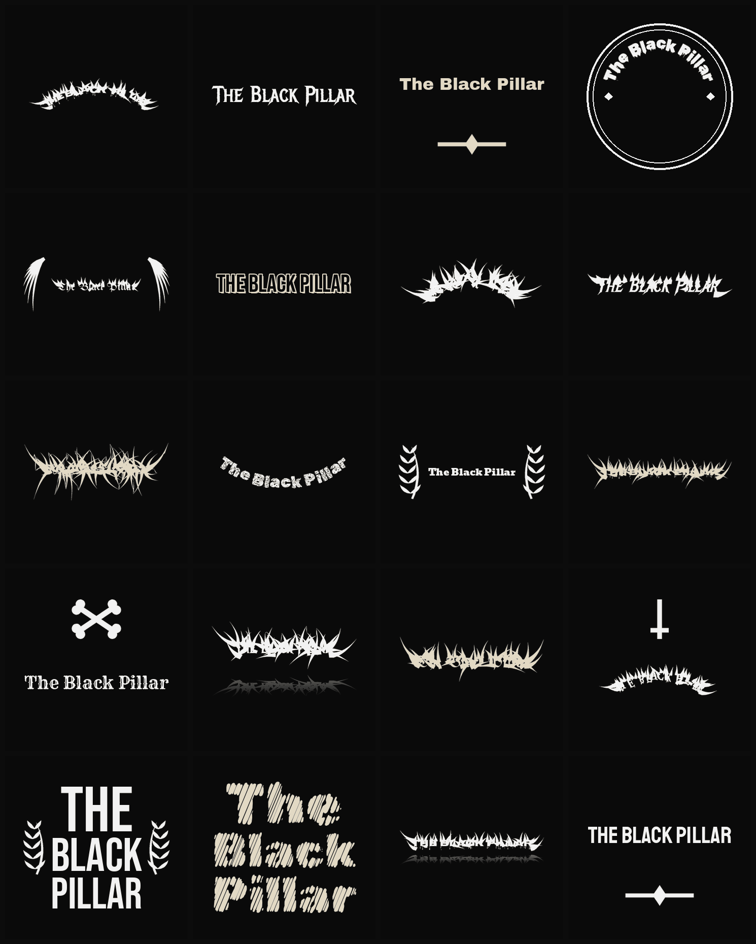 Twenty The Black Pillar band logo ideas — different faces, treatments and spike settings