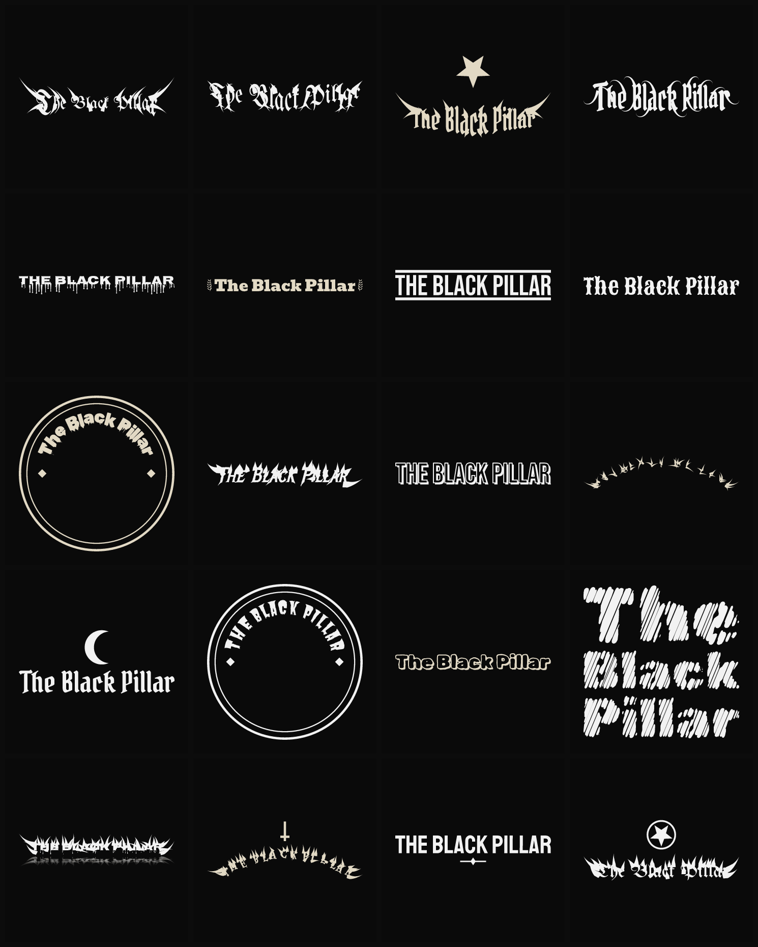 Twenty The Black Pillar band logo ideas — different faces, treatments and spike settings