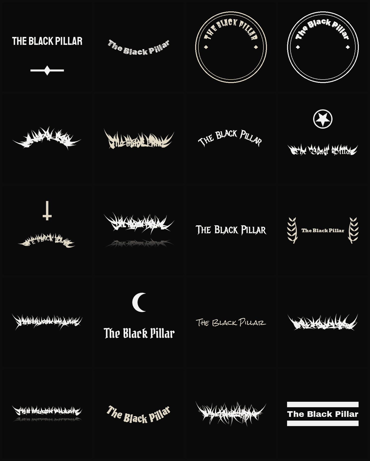 Twenty The Black Pillar band logo ideas — different faces, treatments and spike settings