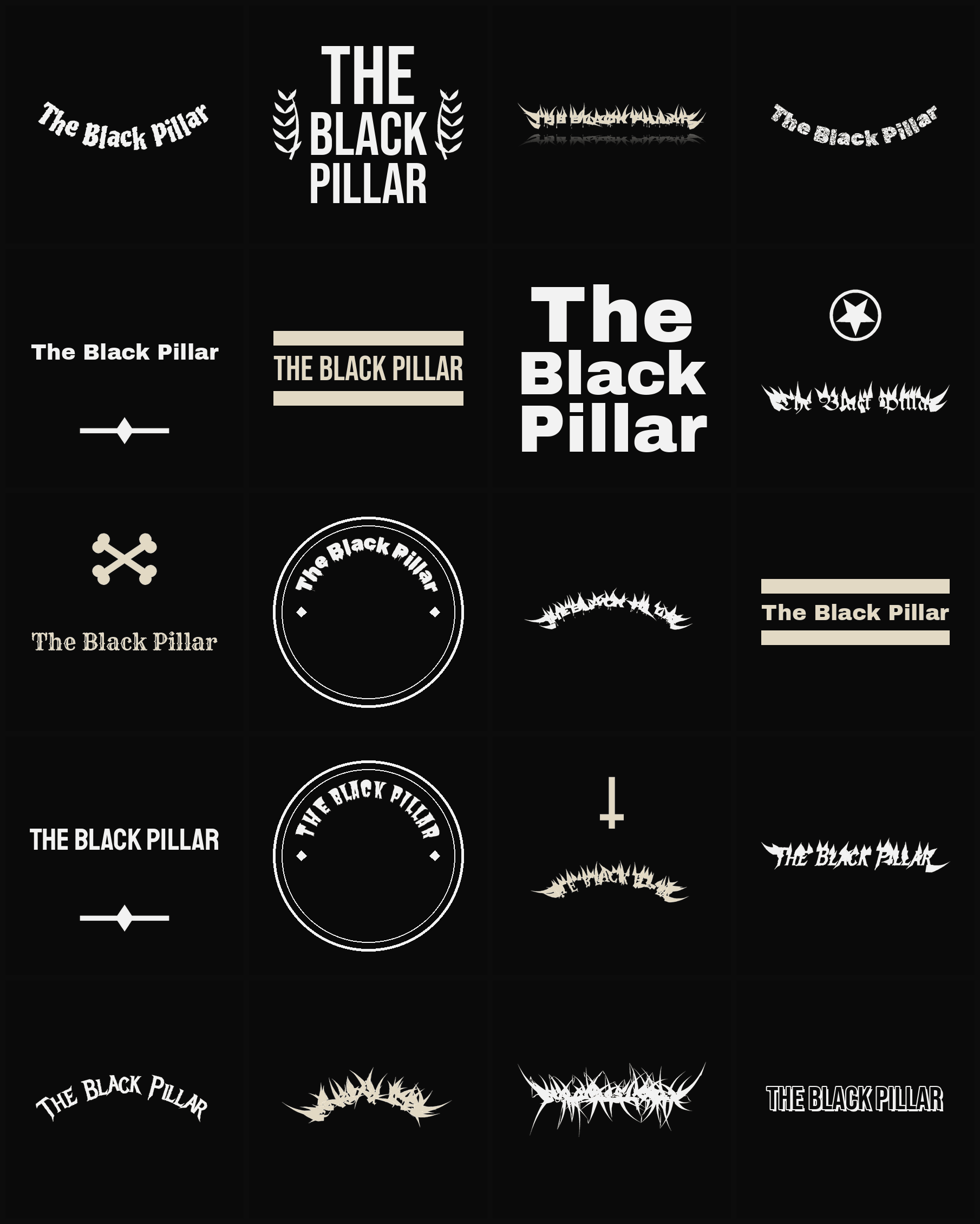 Twenty The Black Pillar band logo ideas — different faces, treatments and spike settings