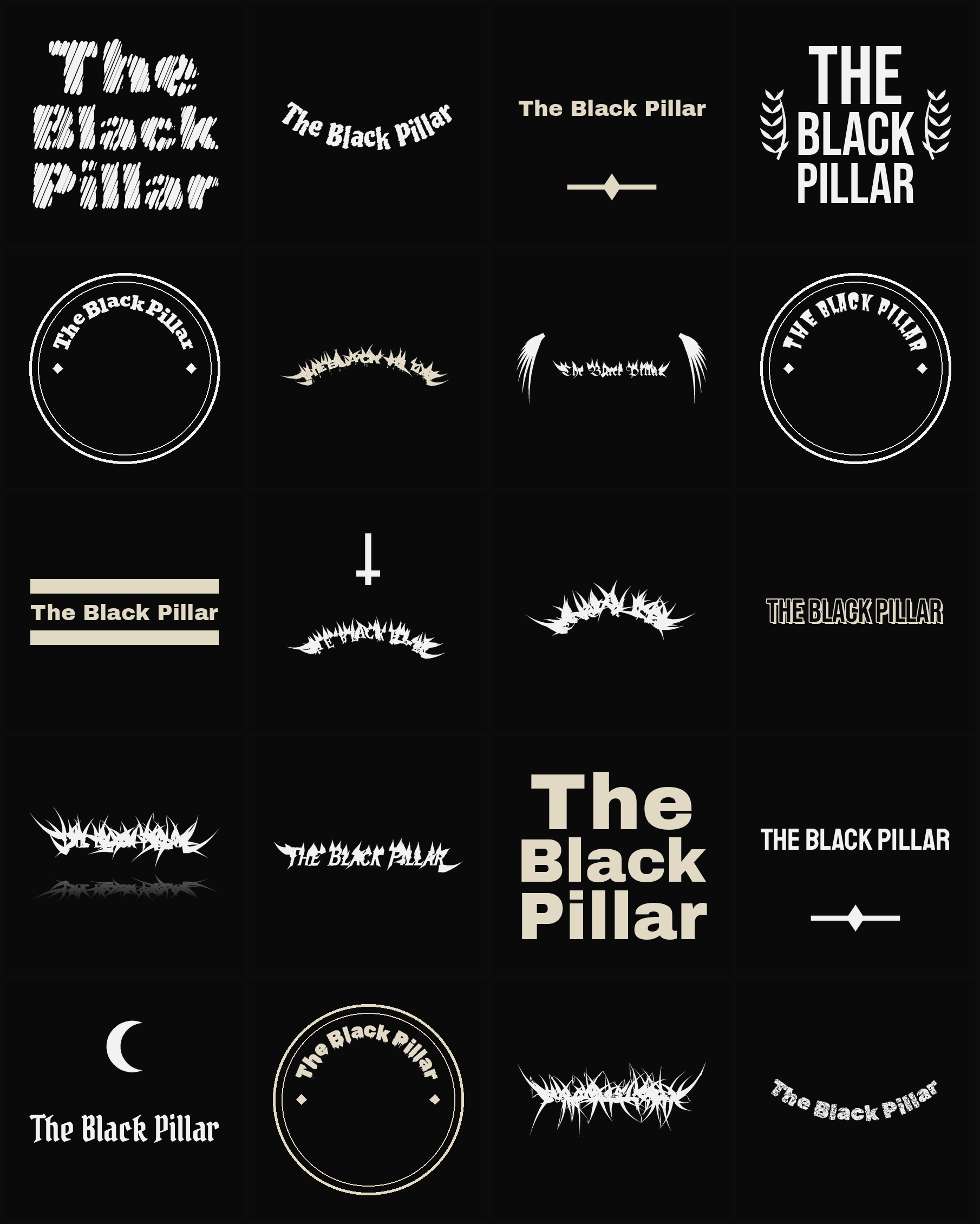 Twenty The Black Pillar band logo ideas — different faces, treatments and spike settings