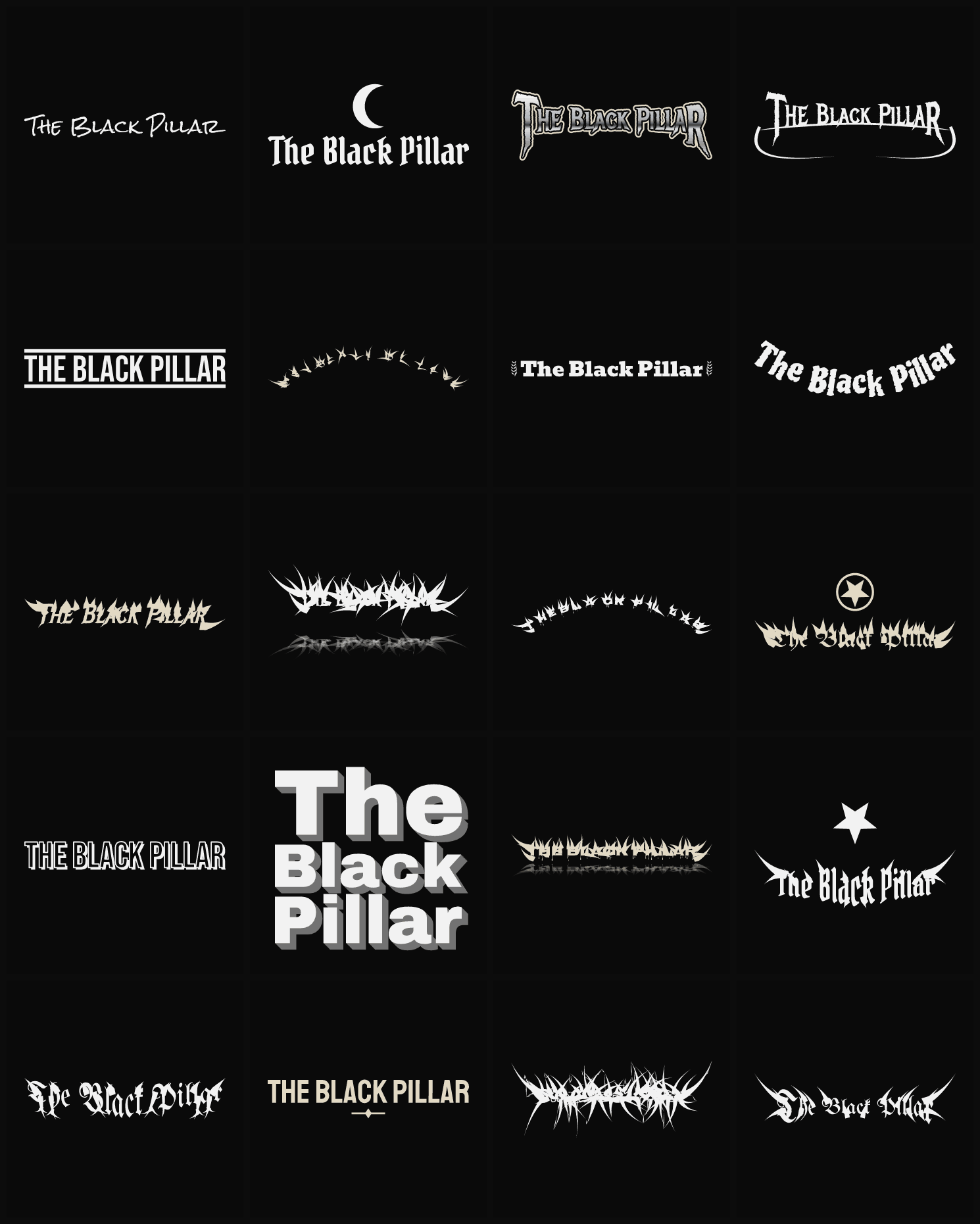 Twenty The Black Pillar band logo ideas — different faces, treatments and spike settings