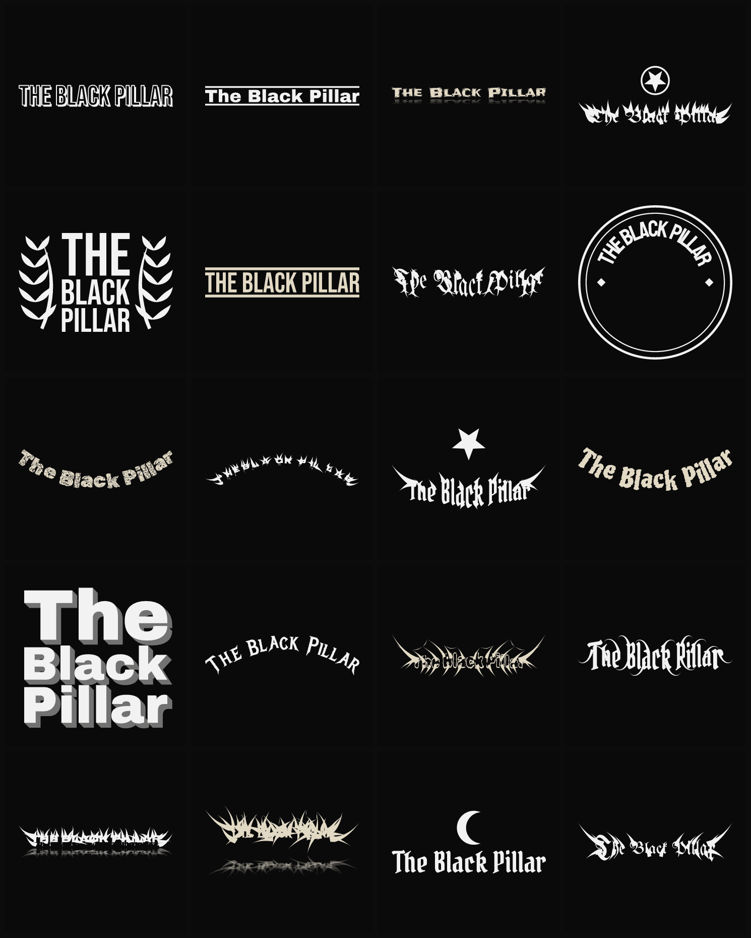 Twenty The Black Pillar band logo ideas — different faces, treatments and spike settings