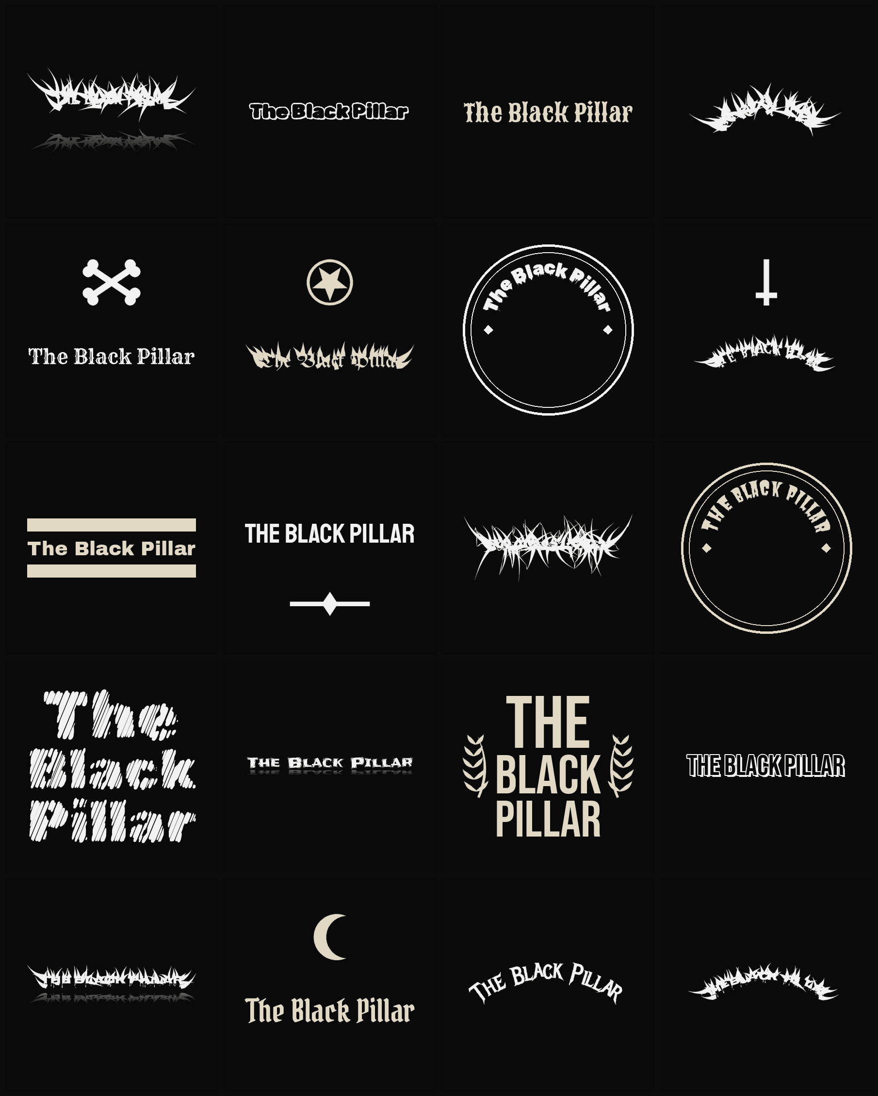 Twenty The Black Pillar band logo ideas — different faces, treatments and spike settings