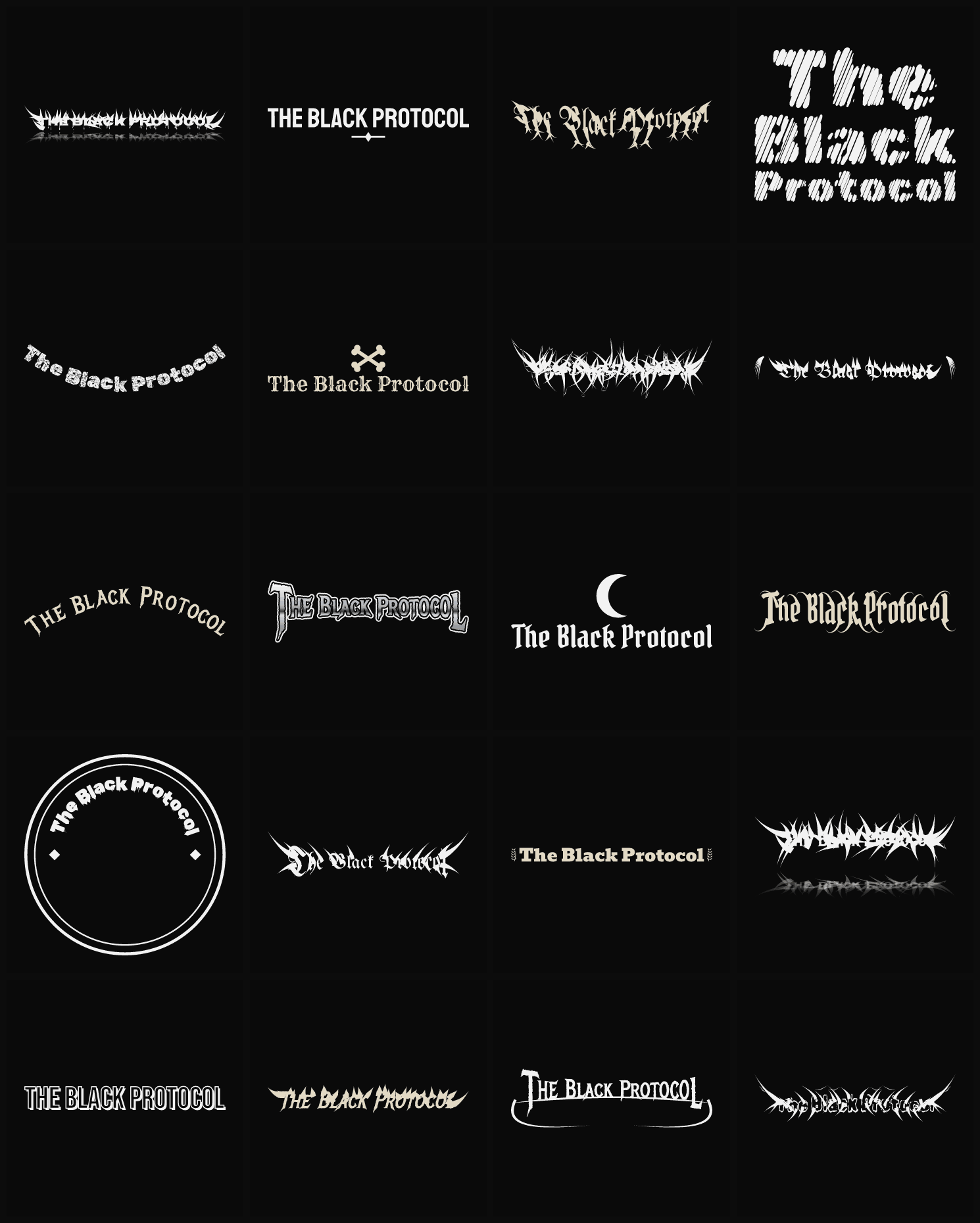 Twenty The Black Protocol band logo ideas — different faces, treatments and spike settings