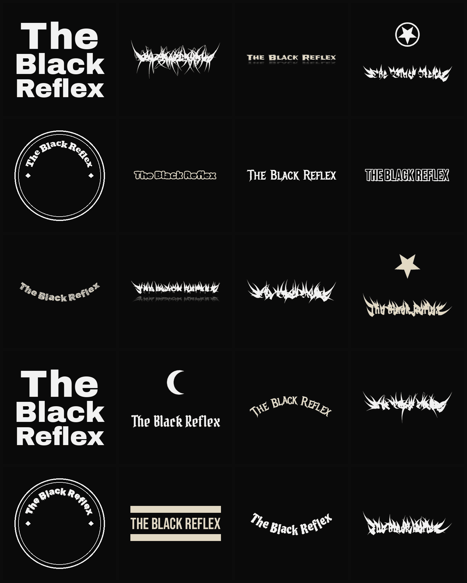 Twenty The Black Reflex band logo ideas — different faces, treatments and spike settings