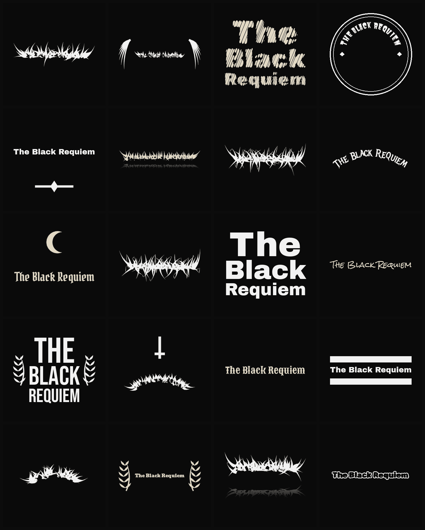 Twenty The Black Requiem band logo ideas — different faces, treatments and spike settings