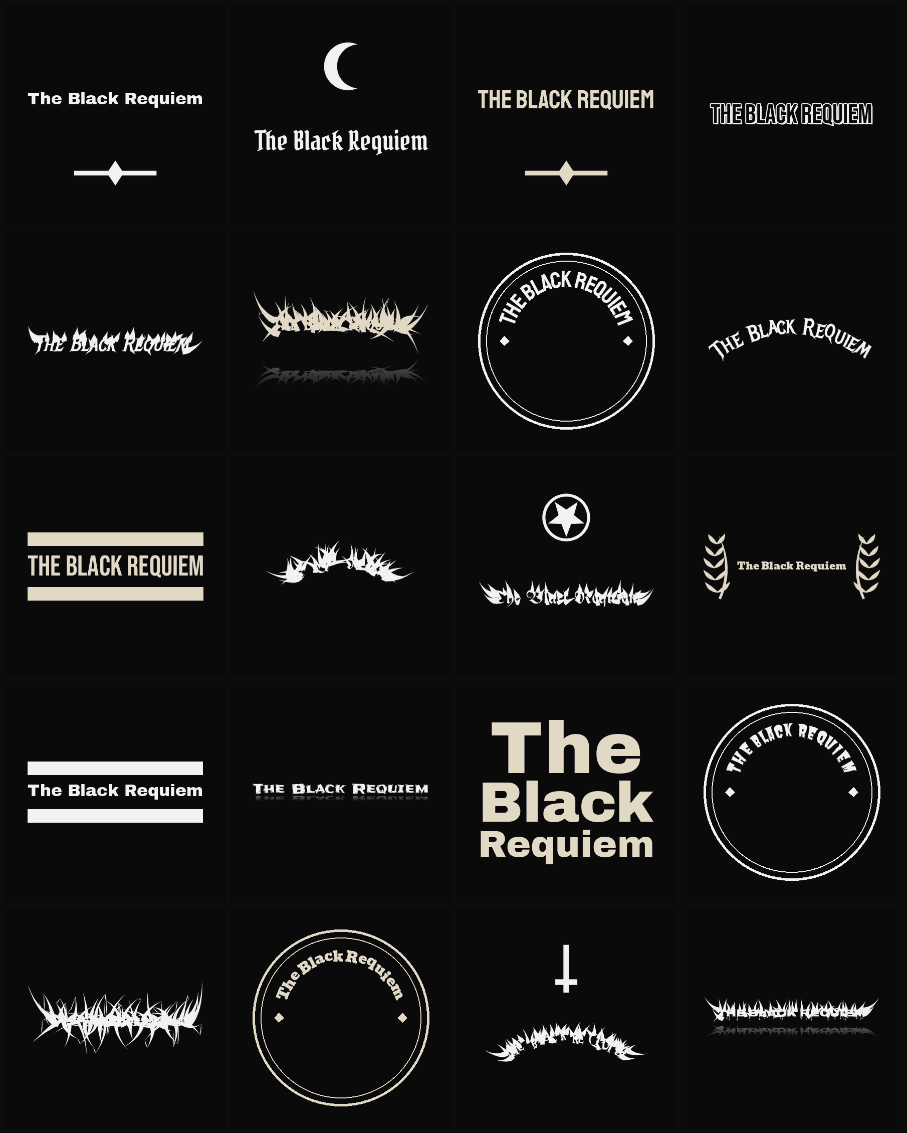 Twenty The Black Requiem band logo ideas — different faces, treatments and spike settings