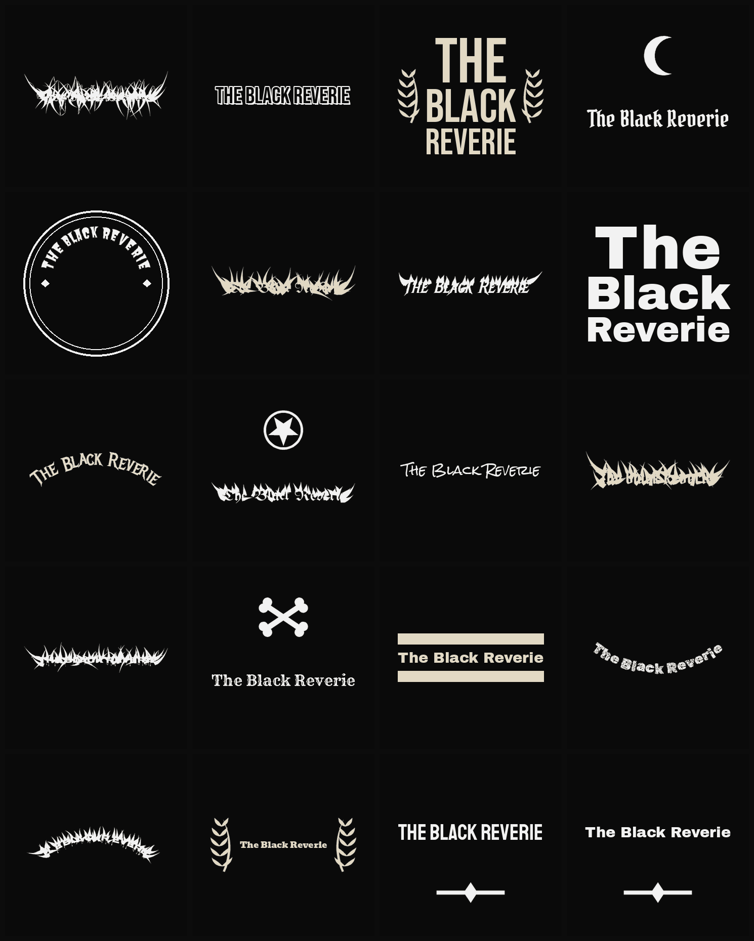 Twenty The Black Reverie band logo ideas — different faces, treatments and spike settings