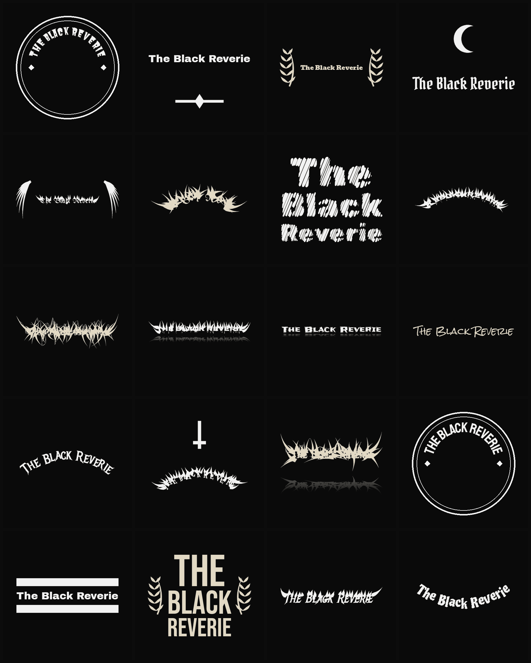 Twenty The Black Reverie band logo ideas — different faces, treatments and spike settings