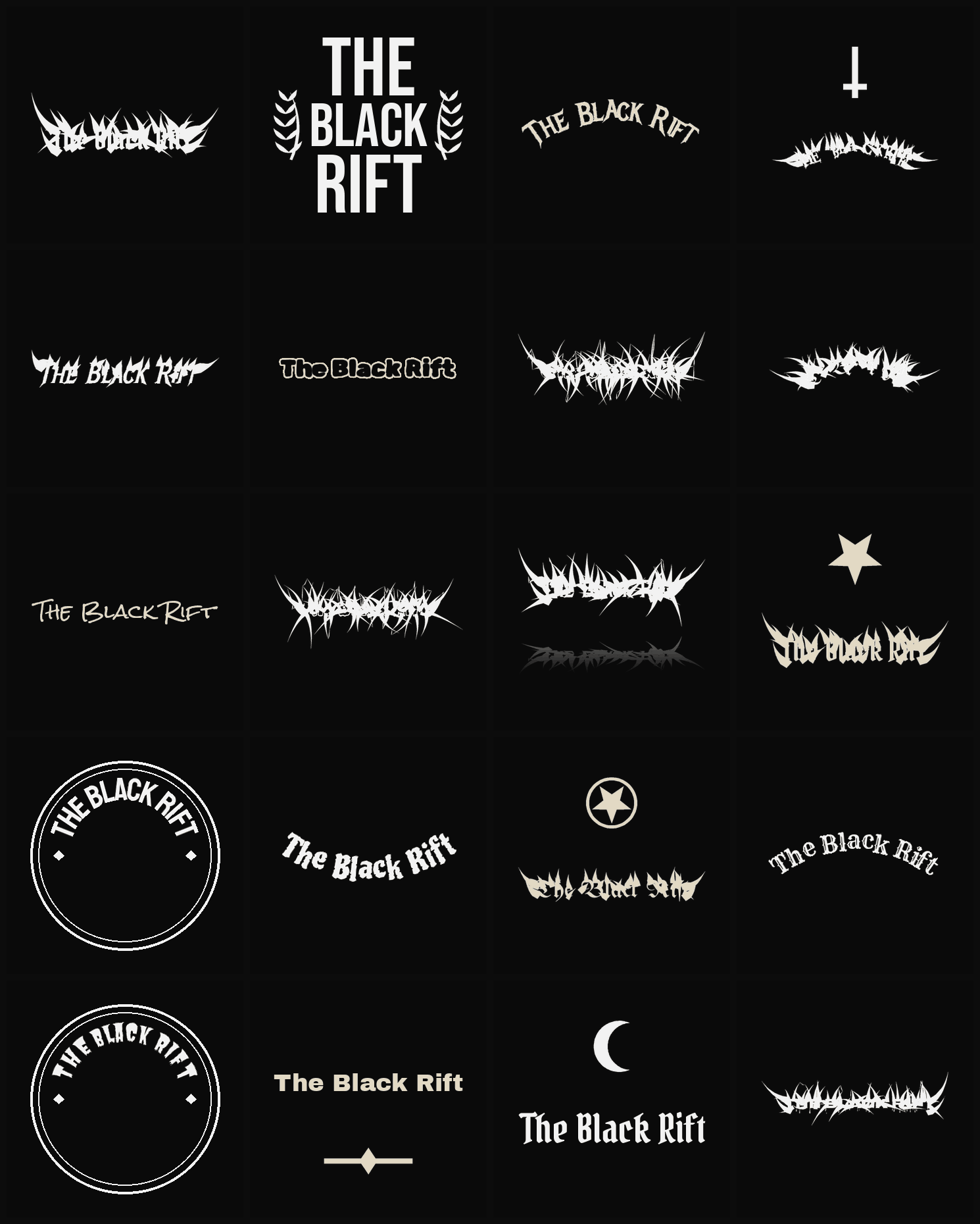 Twenty The Black Rift band logo ideas — different faces, treatments and spike settings