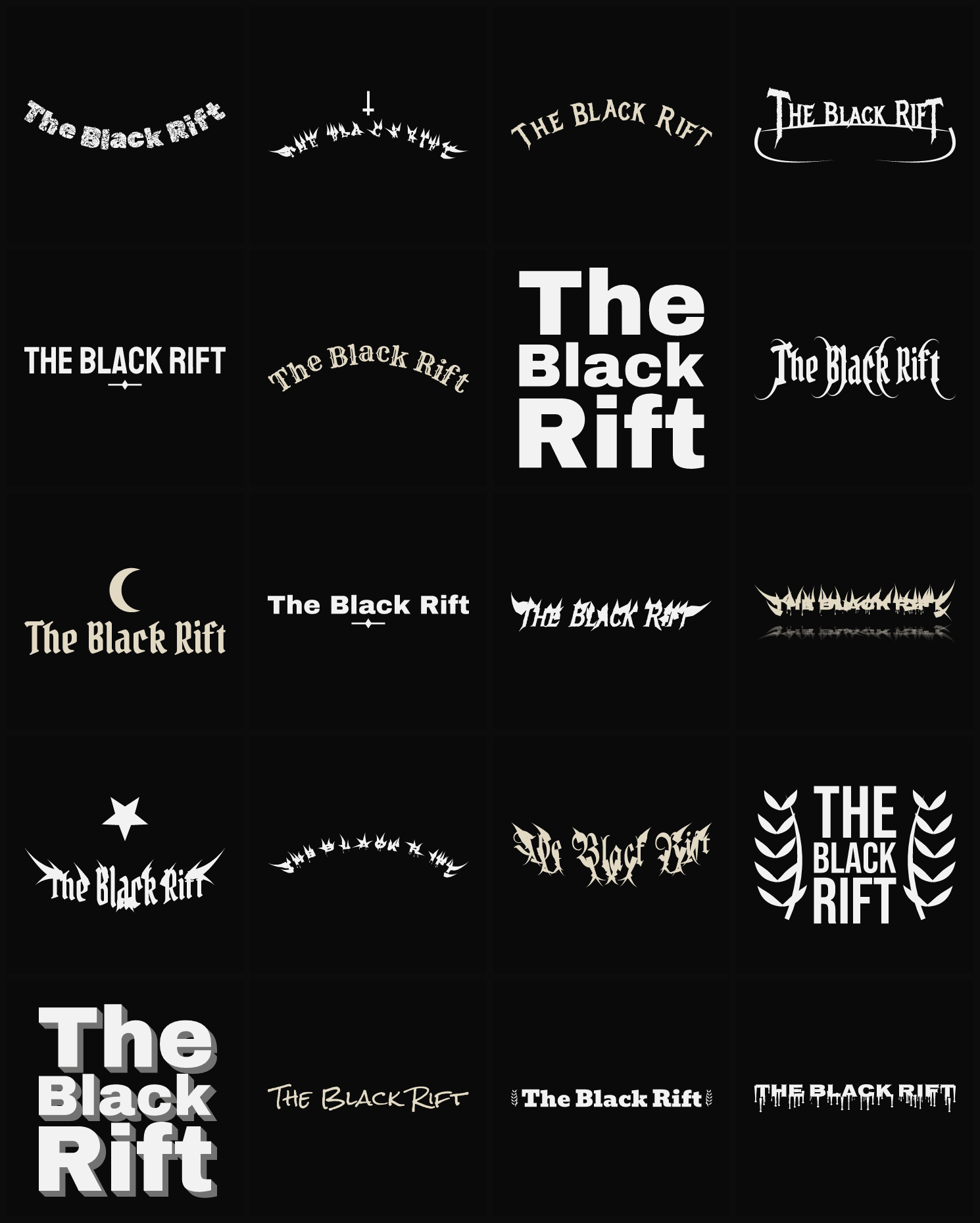 Twenty The Black Rift band logo ideas — different faces, treatments and spike settings