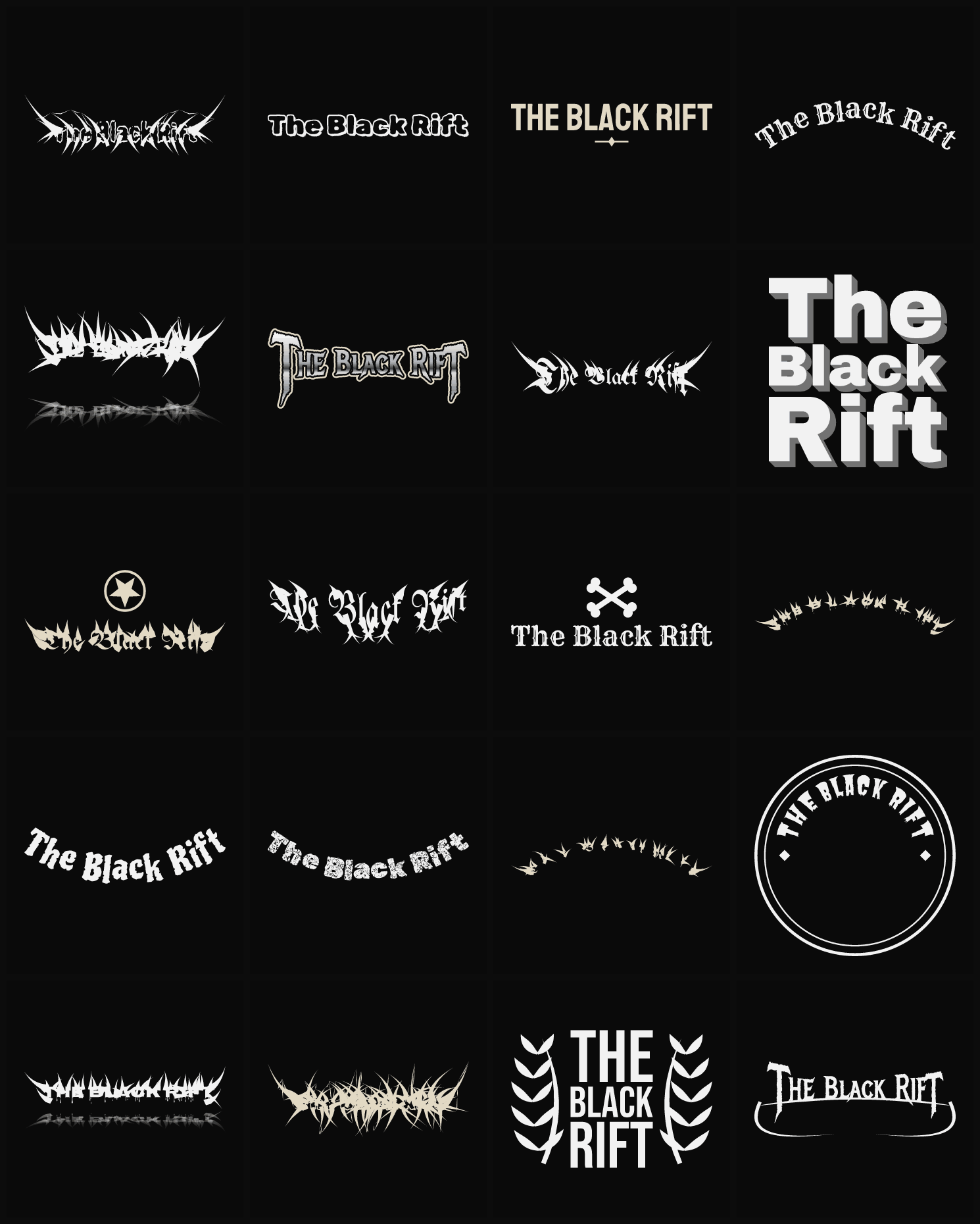 Twenty The Black Rift band logo ideas — different faces, treatments and spike settings