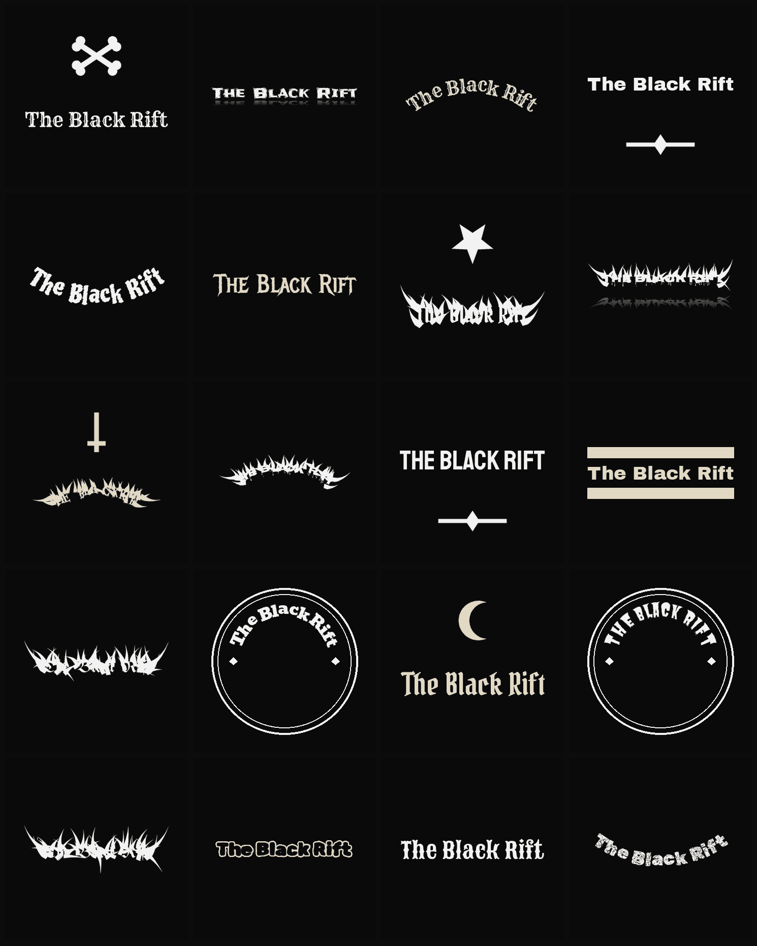 Twenty The Black Rift band logo ideas — different faces, treatments and spike settings