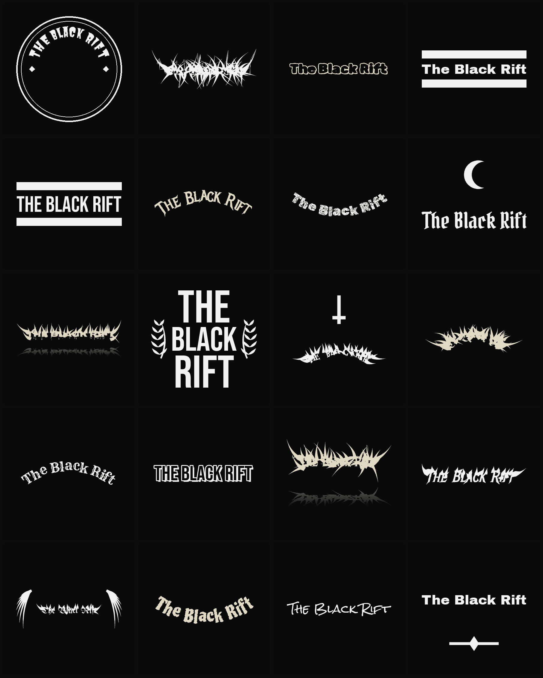 Twenty The Black Rift band logo ideas — different faces, treatments and spike settings