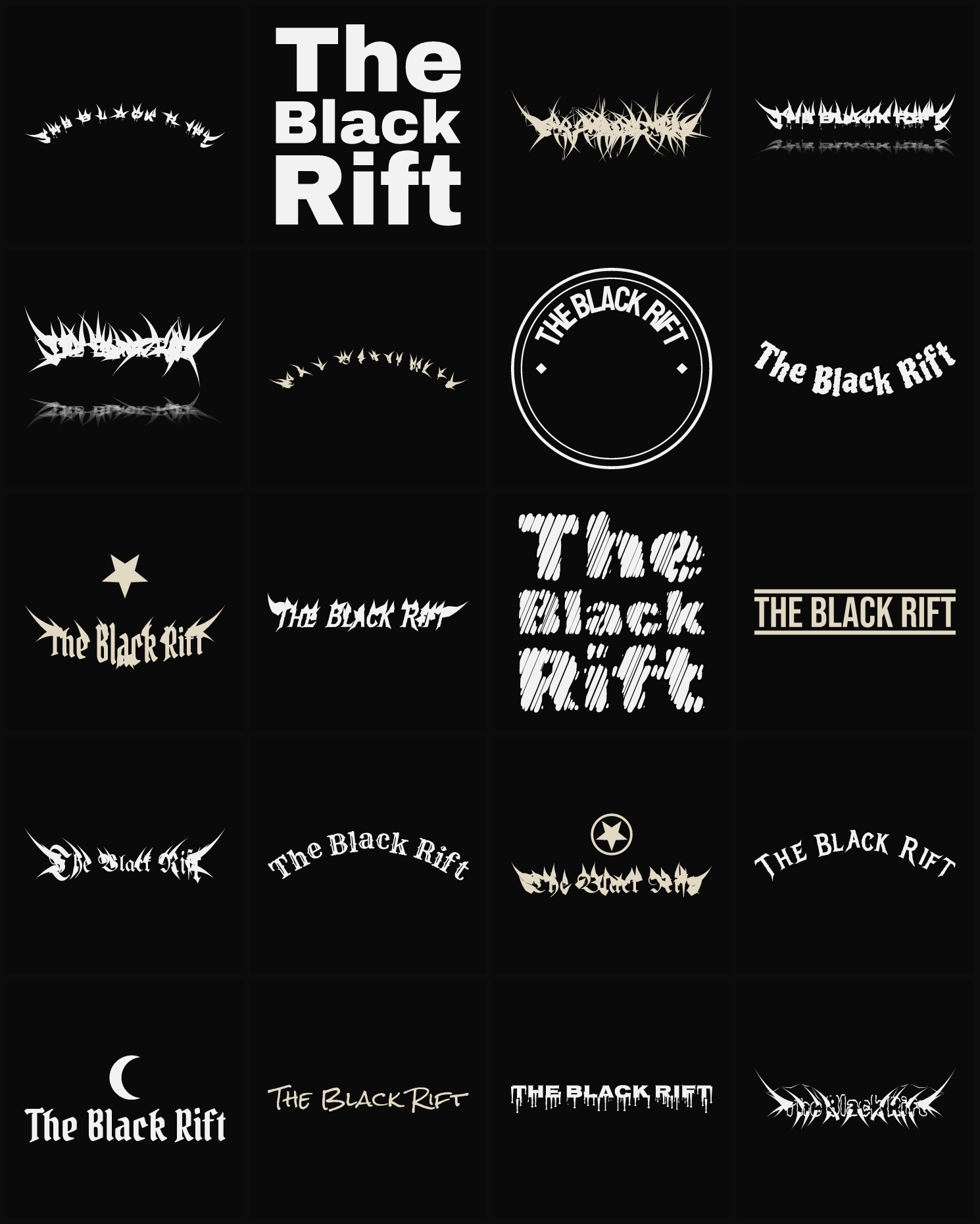 Twenty The Black Rift band logo ideas — different faces, treatments and spike settings