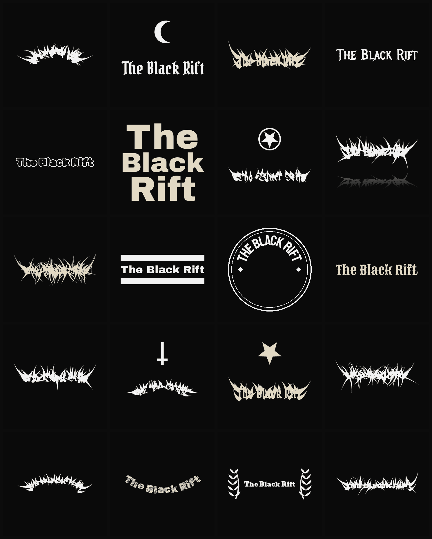 Twenty The Black Rift band logo ideas — different faces, treatments and spike settings