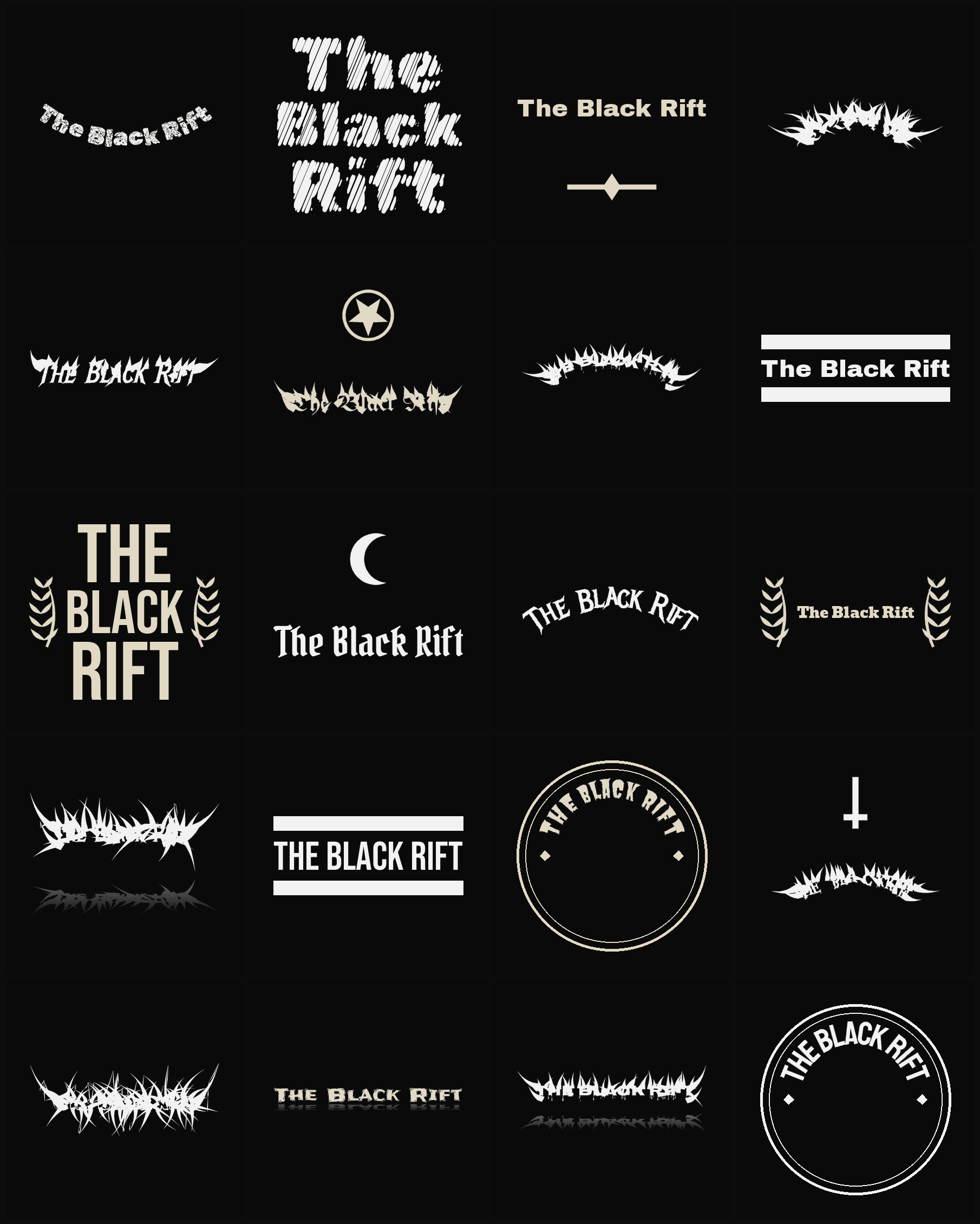 Twenty The Black Rift band logo ideas — different faces, treatments and spike settings