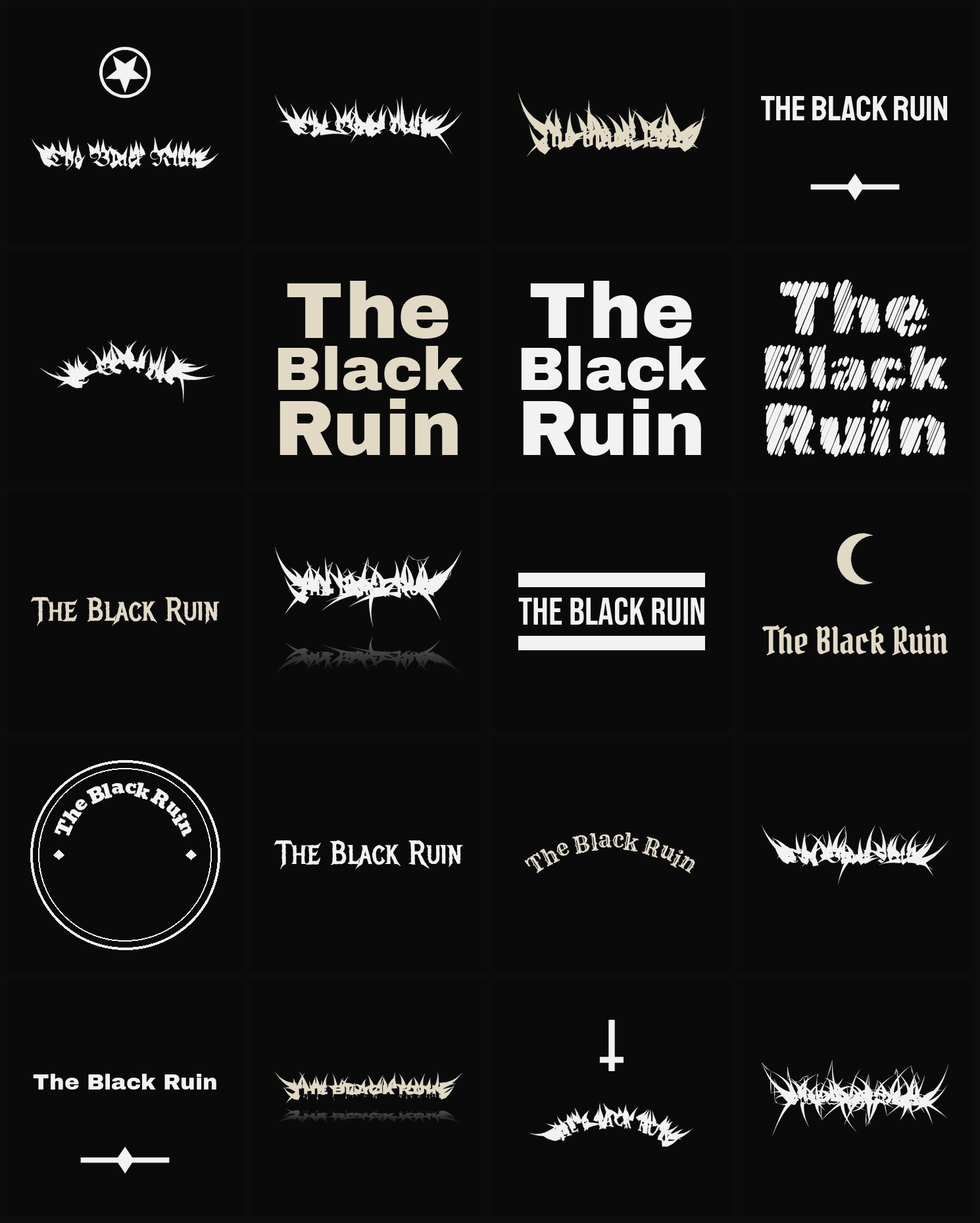 Twenty The Black Ruin band logo ideas — different faces, treatments and spike settings