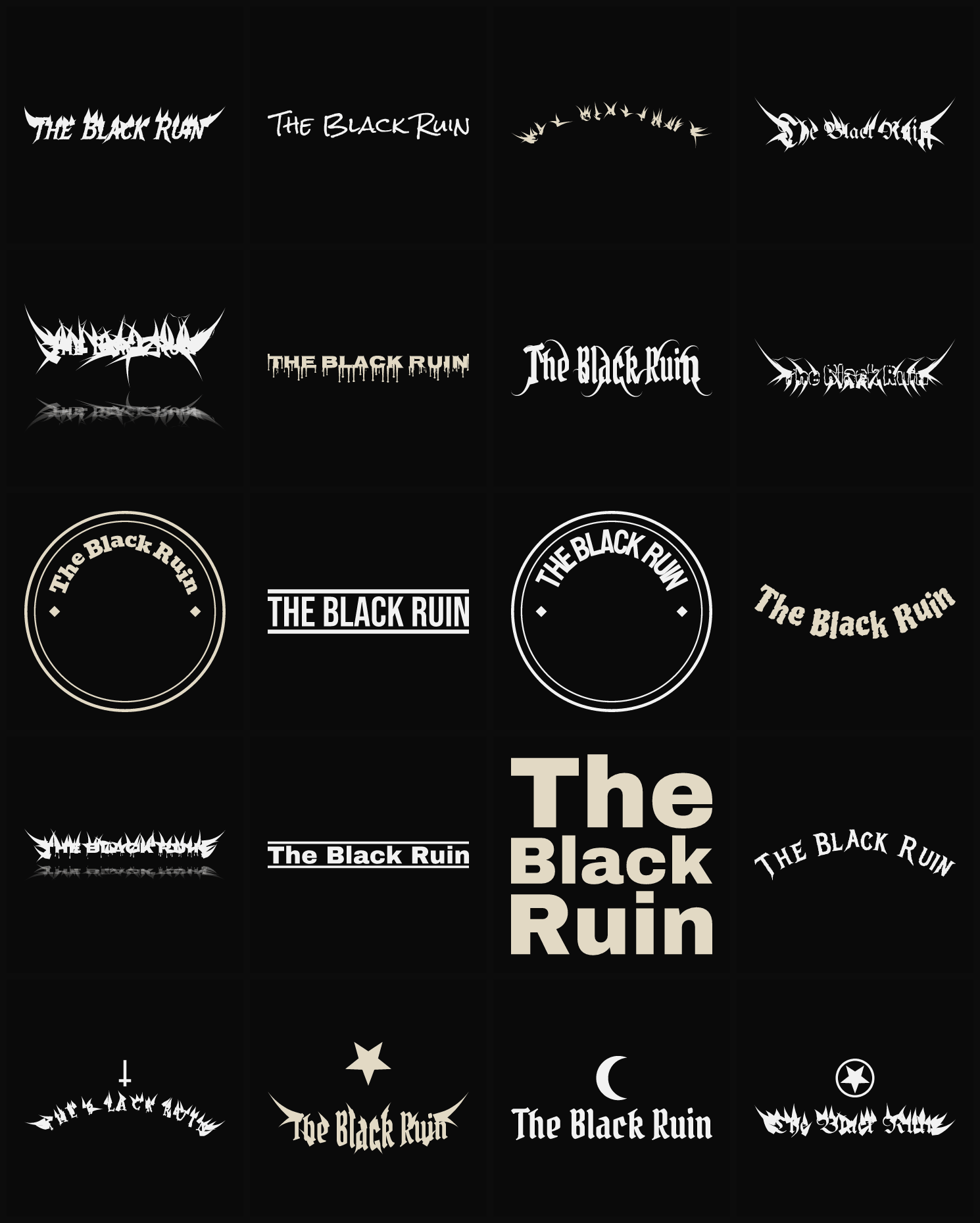Twenty The Black Ruin band logo ideas — different faces, treatments and spike settings