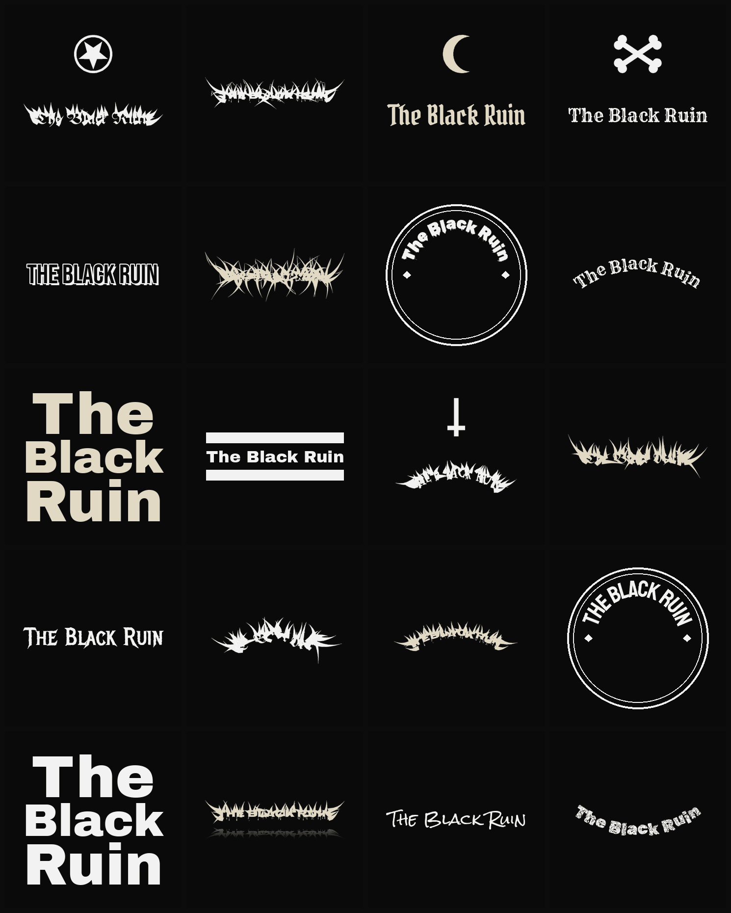 Twenty The Black Ruin band logo ideas — different faces, treatments and spike settings