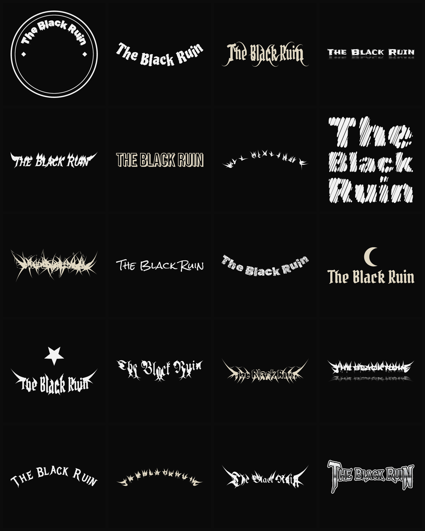 Twenty The Black Ruin band logo ideas — different faces, treatments and spike settings