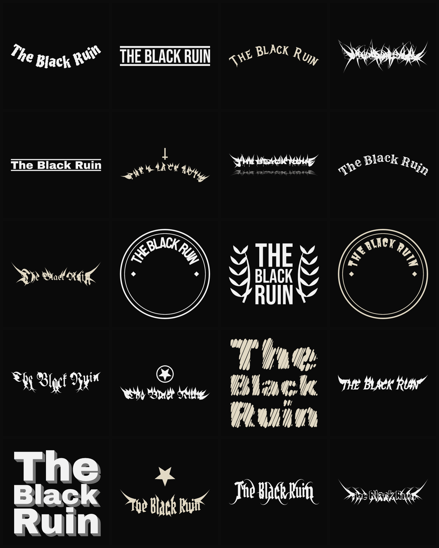 Twenty The Black Ruin band logo ideas — different faces, treatments and spike settings