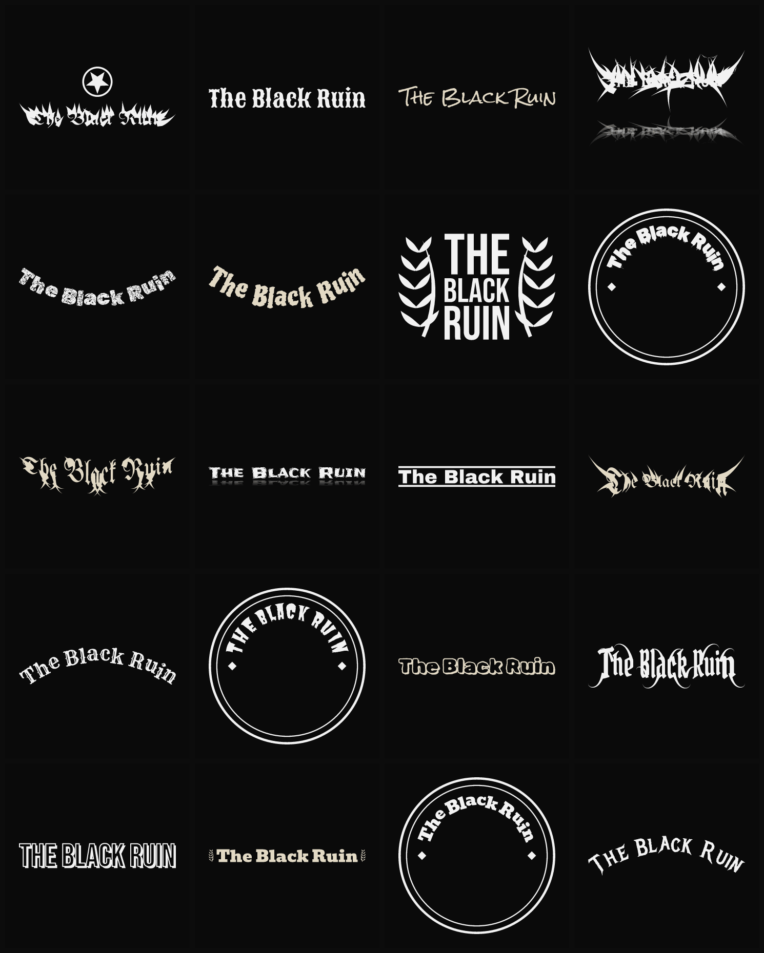 Twenty The Black Ruin band logo ideas — different faces, treatments and spike settings