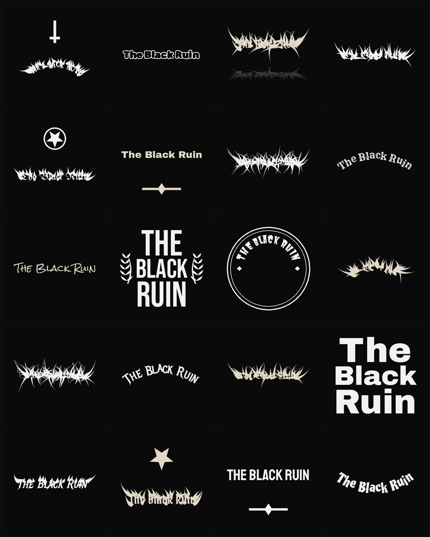 Twenty The Black Ruin band logo ideas — different faces, treatments and spike settings