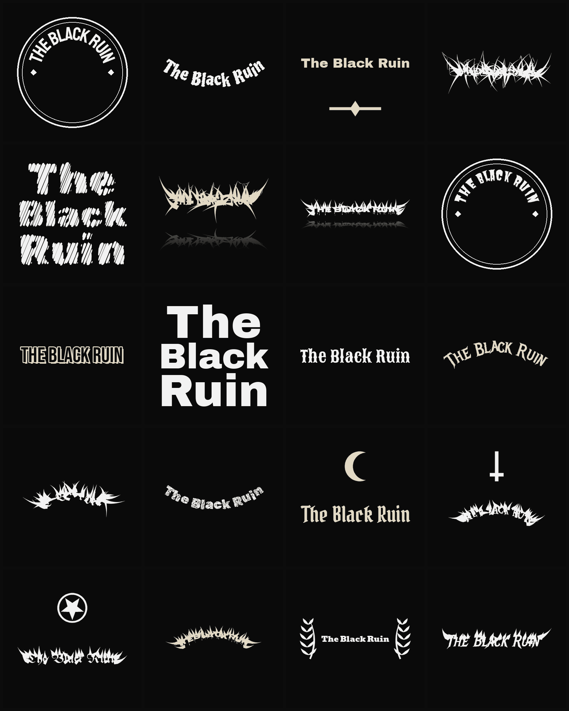 Twenty The Black Ruin band logo ideas — different faces, treatments and spike settings